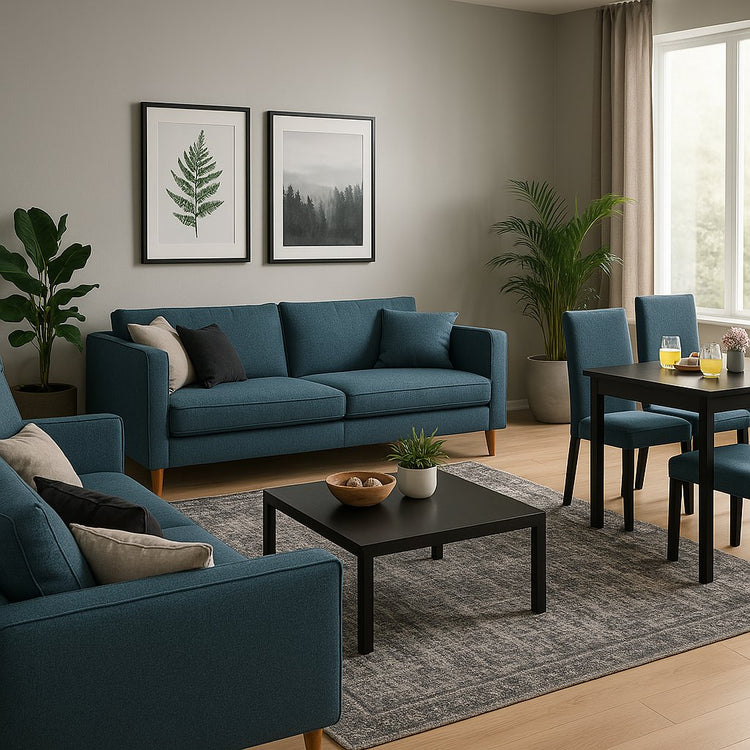 juego de sala sofás de dos y tres plazas con comedor en madera y mesa auxiliar