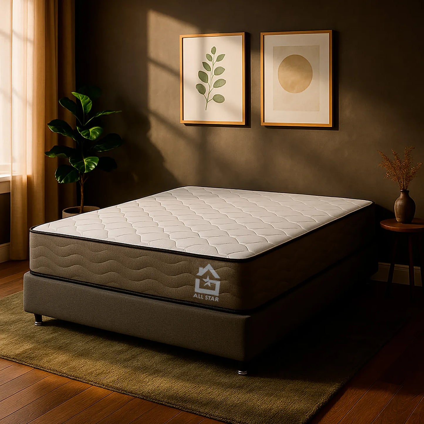 colchón semi ortopédico con costuras resistentes y capas de tejido decorativo, ambientado en habitación moderna con pared oscura, tapete beige y decoración minimalista – diseño contemporáneo ideal para hogares colombianos – All Star Muebles Colombia