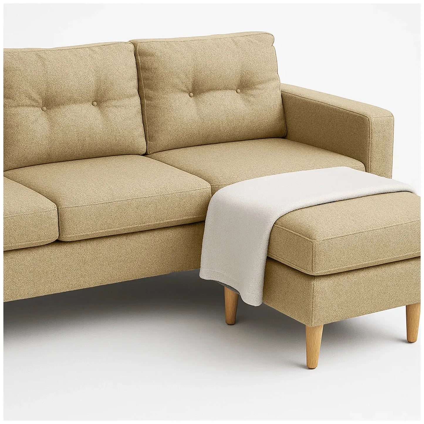 Sala en L intercambiable Cielo en tela color beige, diseño moderno con patas en madera clara – ideal para salas pequeñas o espacios contemporáneos - All Star muebles Colombia