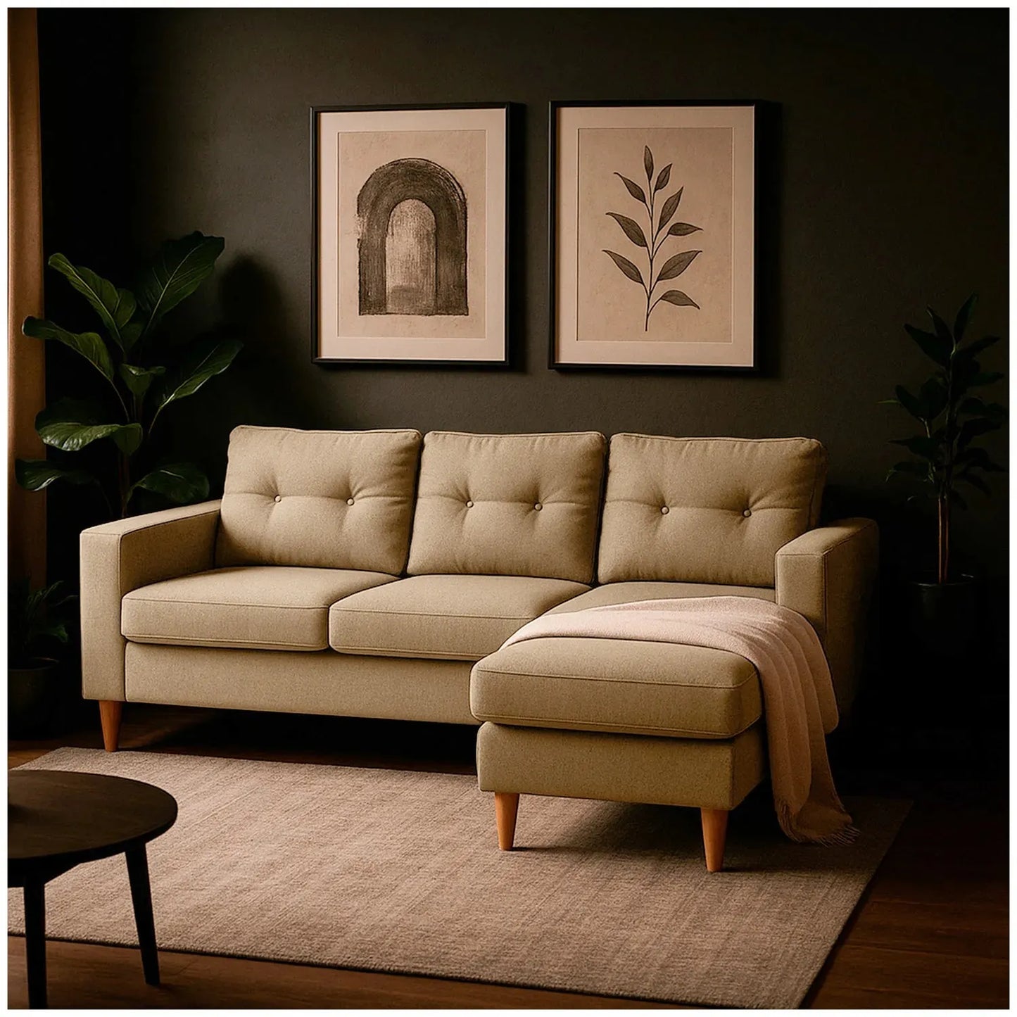 Sala en L Cielo en tela beige, ambientado en sala moderna con pared oscura, alfombra beige y decoración minimalista – diseño contemporáneo ideal para hogares colombianos – All Star Muebles Colombia