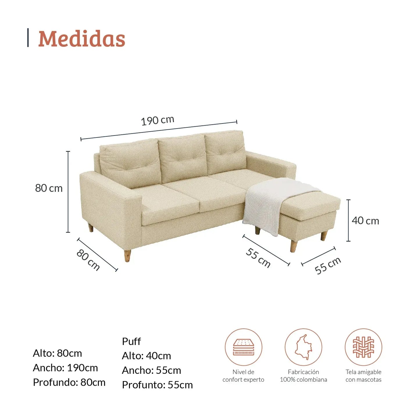 Diagrama con medidas de sala en L intercambiable en tela beige, ideal para espacio residenciales, alto 80 ancho 190 profundo 80, módulo intercambiable 40 alto profundo 55 y ancho 55 - All Star muebles Colombia