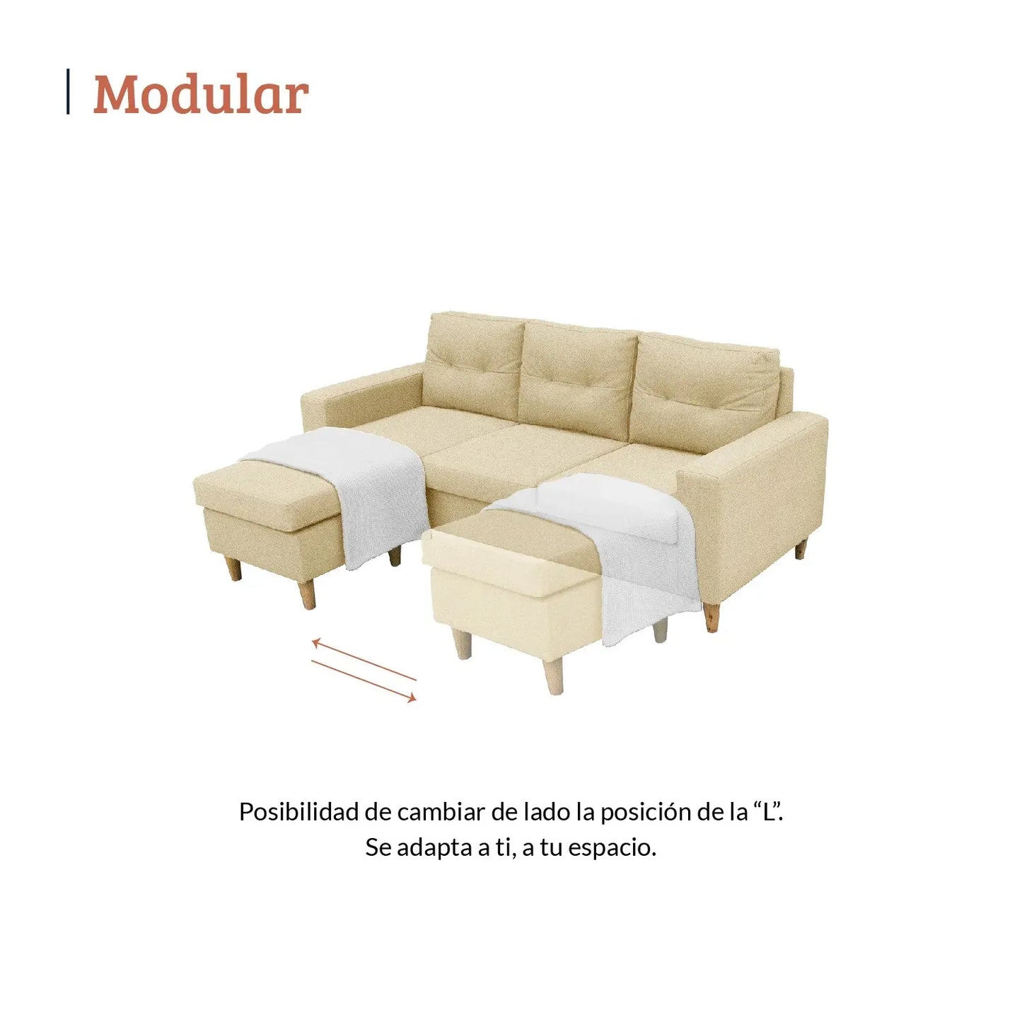 Diagrama de funcionalidad sala en L con módulo intercambiable, posibilidad de cambiar la posición de la L según el espacio - All Star muebles Colombia