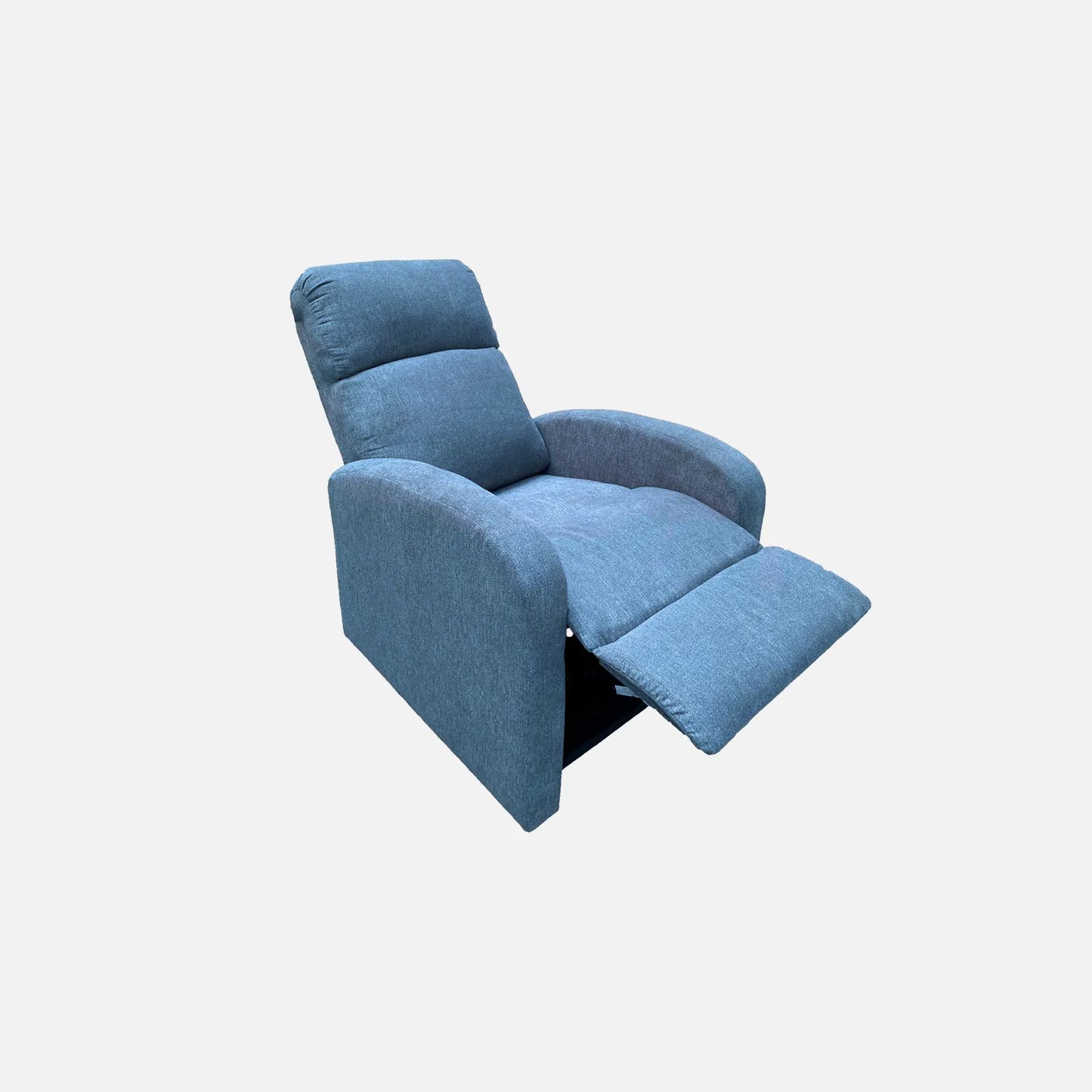 Sillón reclinable Logan abierto visto en perspectiva, tapizado color azul, fotografía sobre fondo blanco, ideal para visualizar la combinación de estilos y colores - All Star muebles