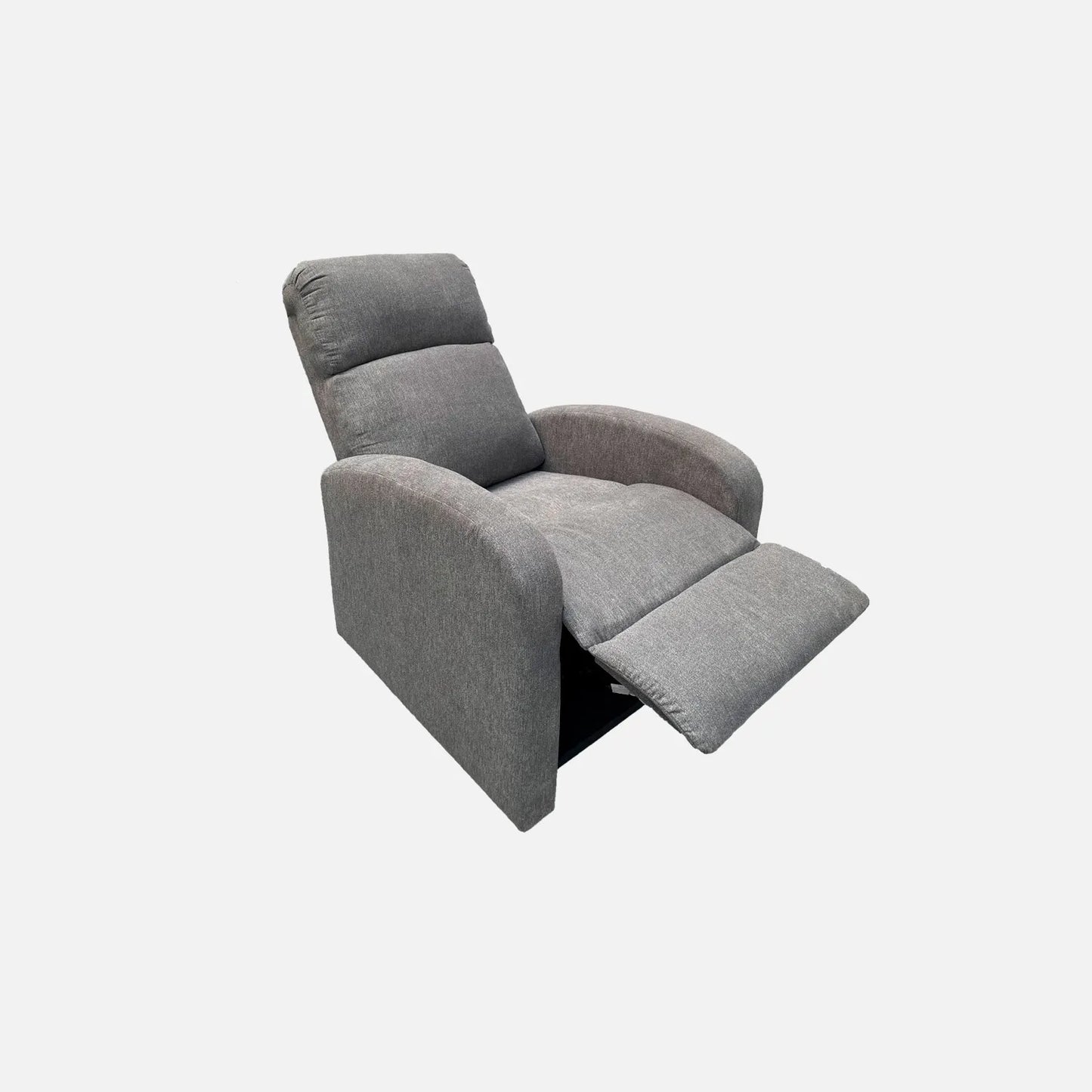 Sillón reclinable Logan abierto visto en perspectiva, tapizado color gris, fotografía sobre fondo blanco, ideal para visualizar la combinación de estilos y colores - All Star muebles