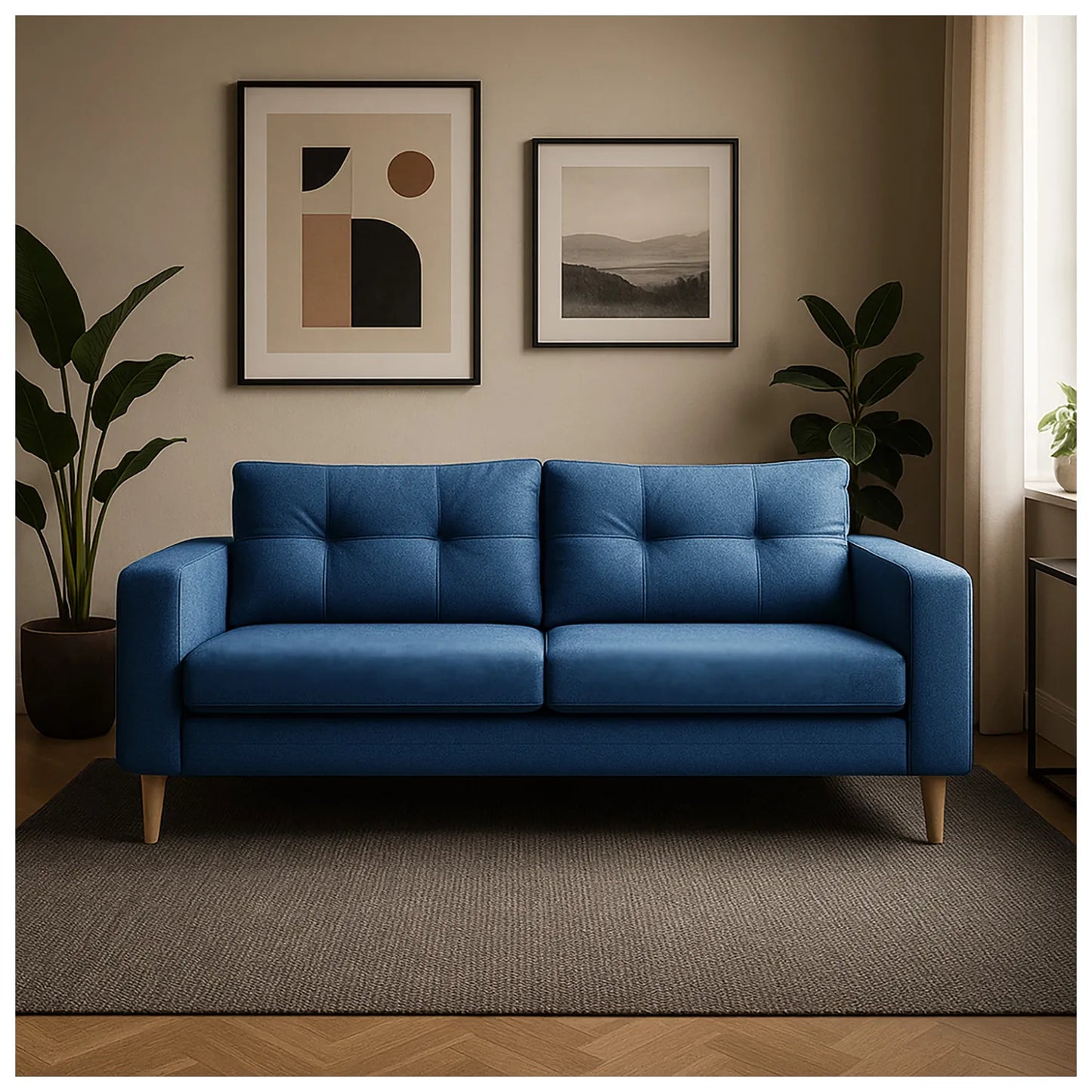 Sofá Brisa en tela azul, patas en madera tono natural, ubicado en sala moderna con decoración minimalista, ideal para apartamentos y casas de familias colombianas - All Star Muebles Colombia