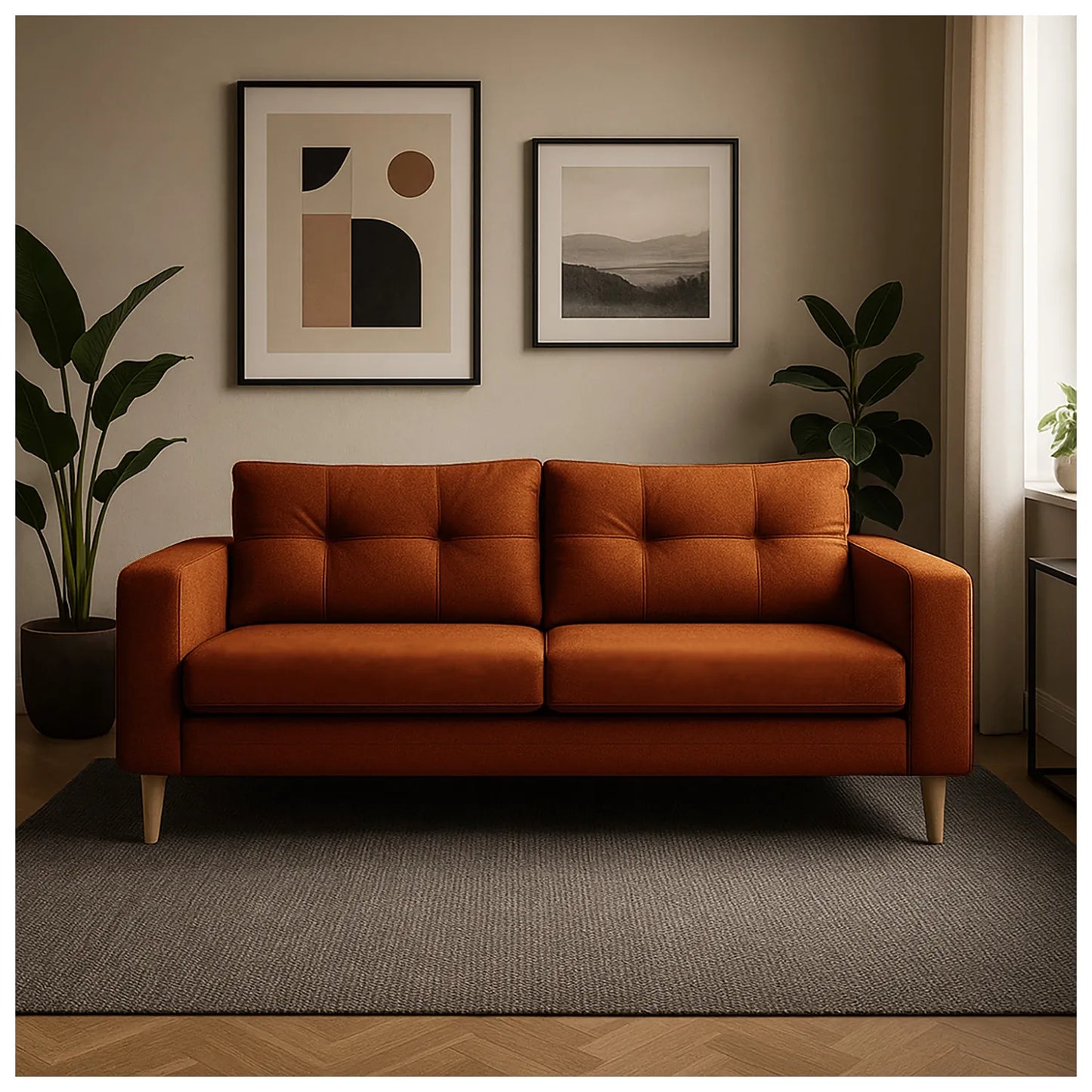 Sofá Brisa en tela terracota, patas en madera tono natural, ubicado en sala moderna con decoración minimalista, ideal para apartamentos y casas de familias colombianas - All Star Muebles Colombia