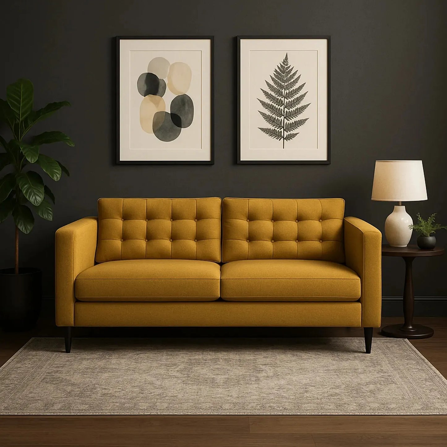Sofá Honey en tela mostaza, ambientado en sala moderna con pared oscura, alfombra beige y decoración minimalista – diseño contemporáneo ideal para hogares colombianos – All Star Muebles Colombia