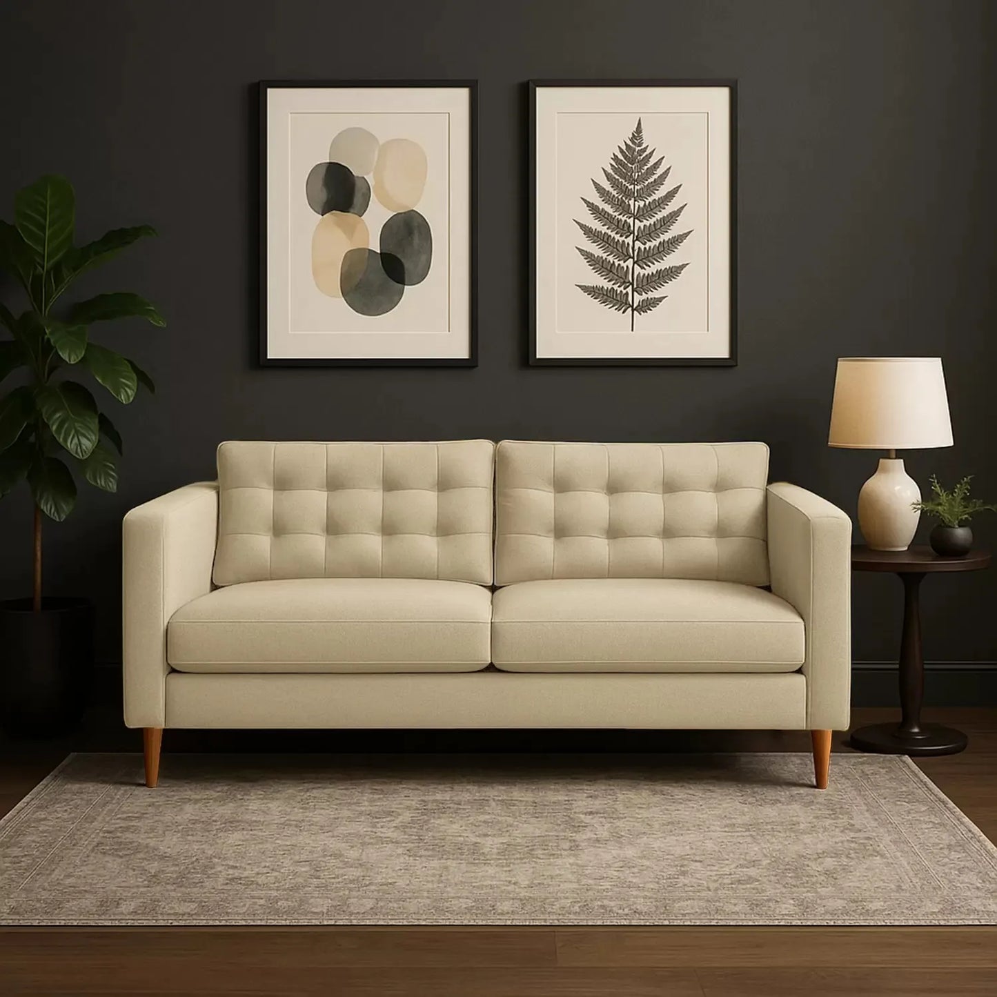 Sofá Honey en tela beige, ambientado en sala moderna con pared oscura, alfombra beige y decoración minimalista – diseño contemporáneo ideal para hogares colombianos – All Star Muebles Colombia