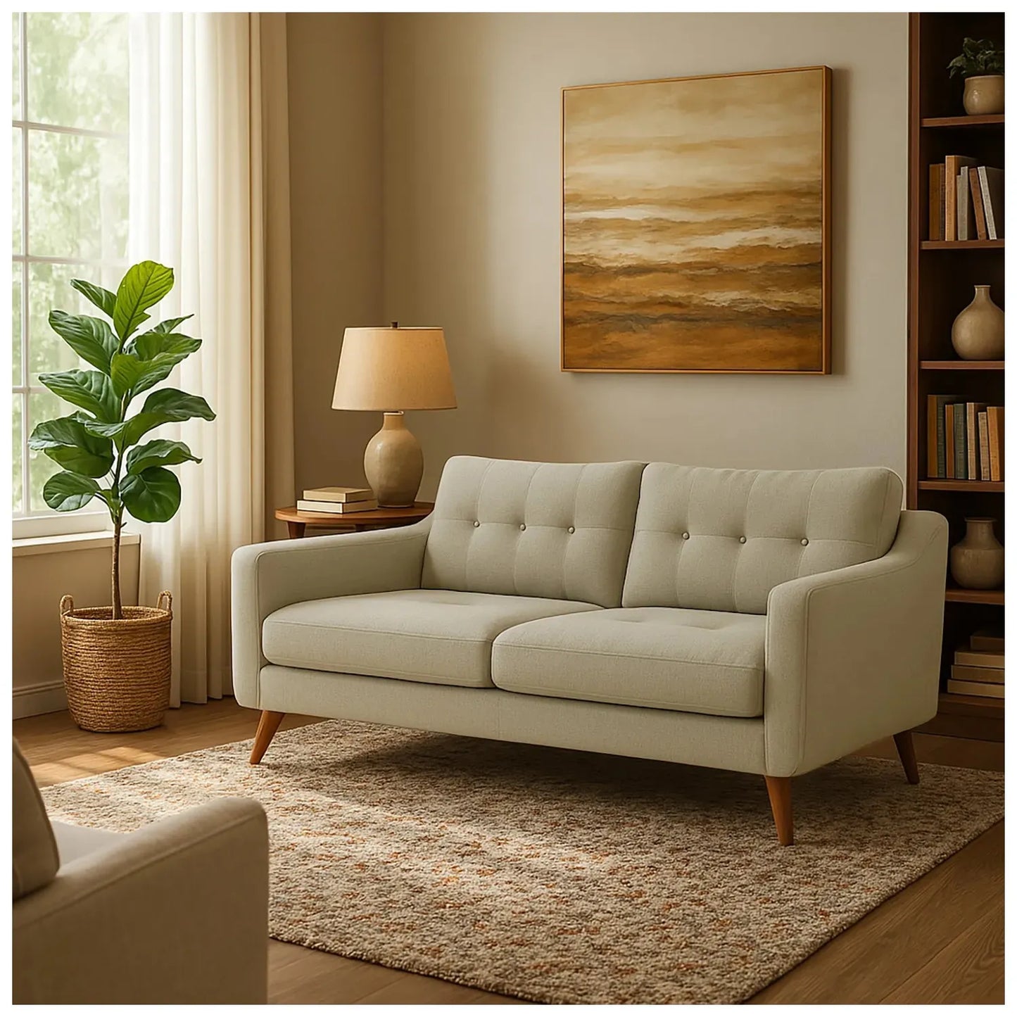 Sofá Loto en tela beige, ambientado en sala moderna con pared clara, alfombra beige y decoración sofisticada – diseño contemporáneo ideal para hogares colombianos – All Star Muebles Colombia