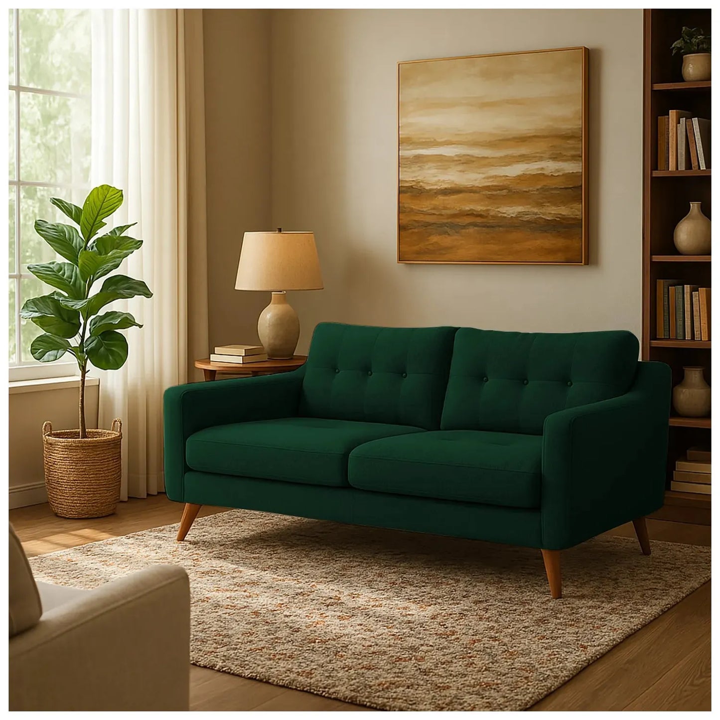 Sofá Loto en tela verde, ambientado en sala moderna con pared clara, alfombra beige y decoración sofisticada – diseño contemporáneo ideal para hogares colombianos – All Star Muebles Colombia