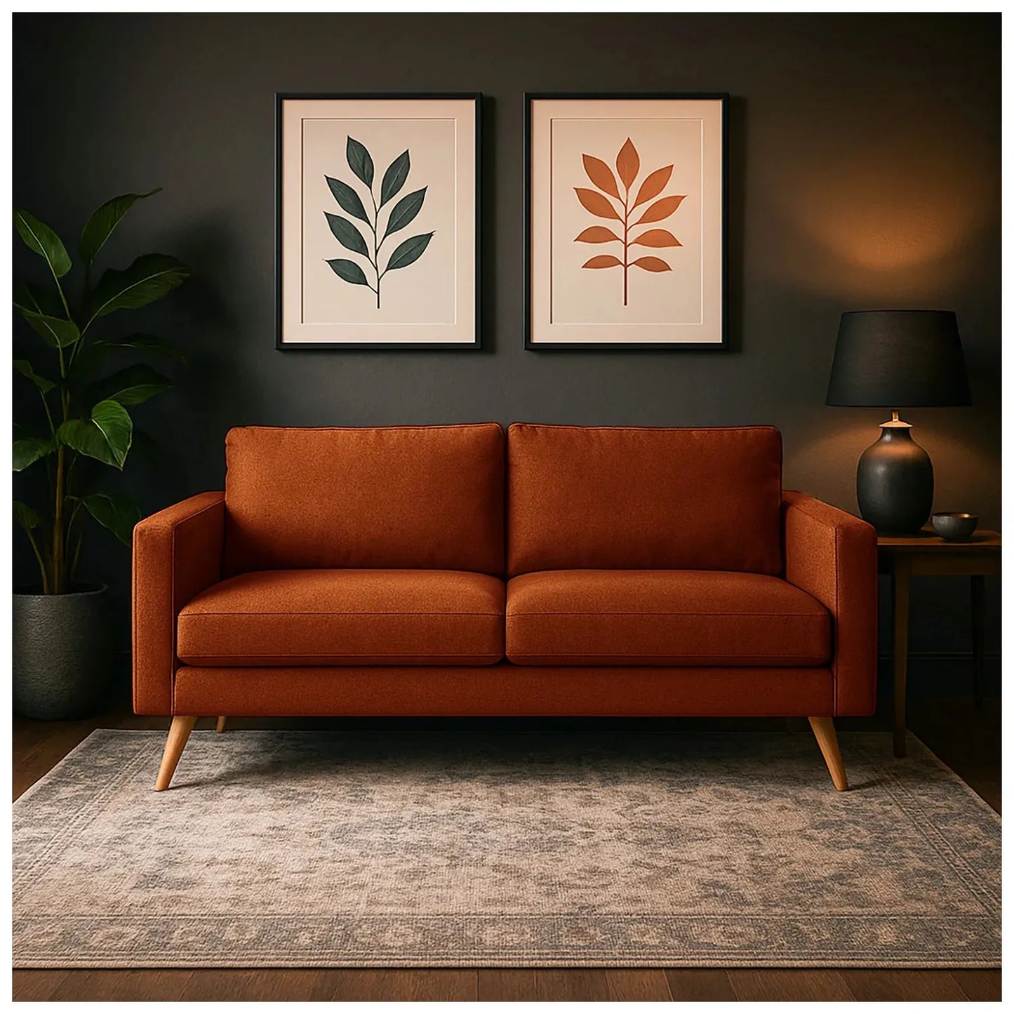 Sofá Río en tela terracota, ambientado en sala moderna con pared oscura, alfombra beige y decoración minimalista – diseño contemporáneo ideal para hogares colombianos – All Star Muebles Colombia