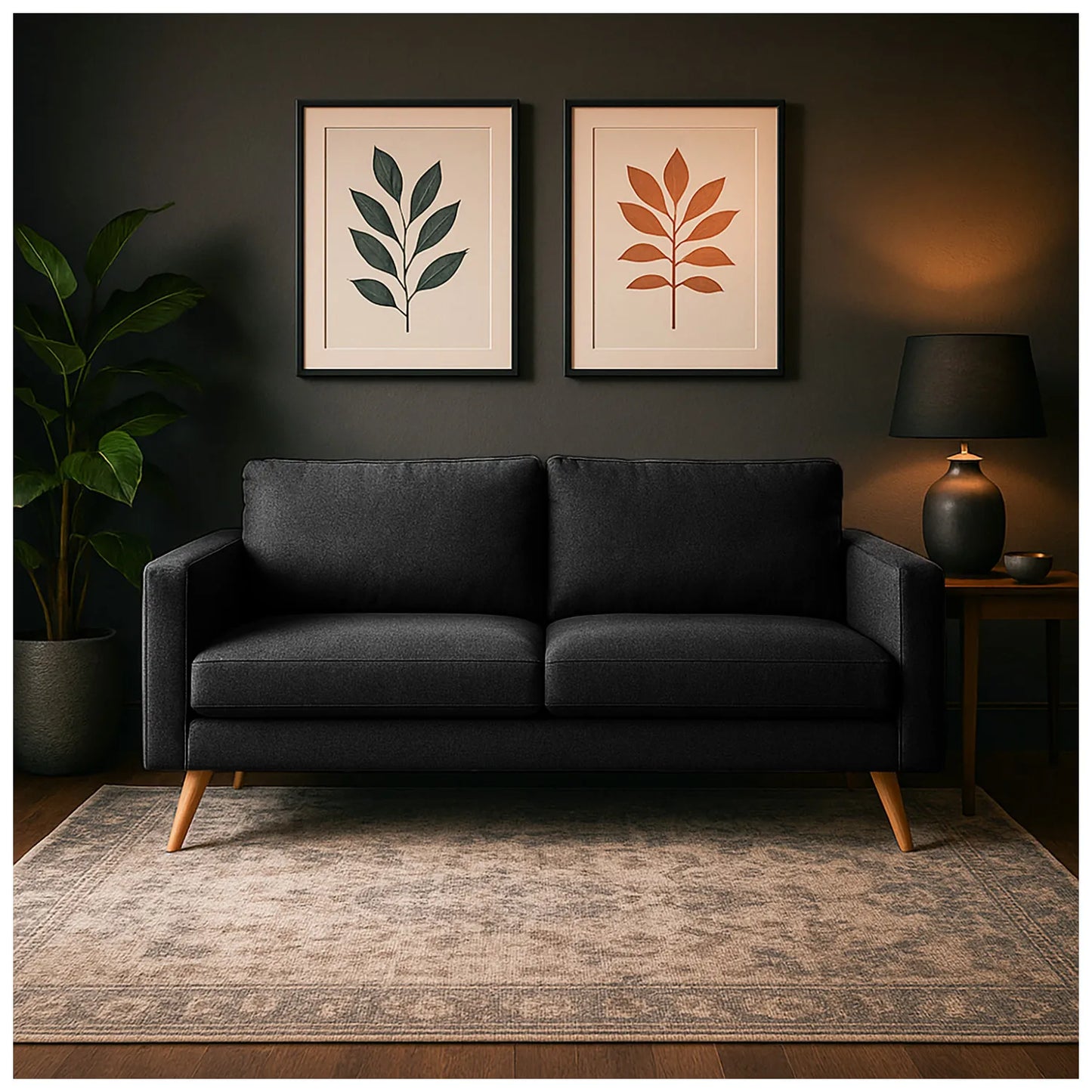 Sofá Río 3 puestos en tela negro, patas en madera tono natural, ubicado en sala moderna con decoración minimalista, ideal para apartamentos y casas de familias colombianas - All Star Muebles Colombia