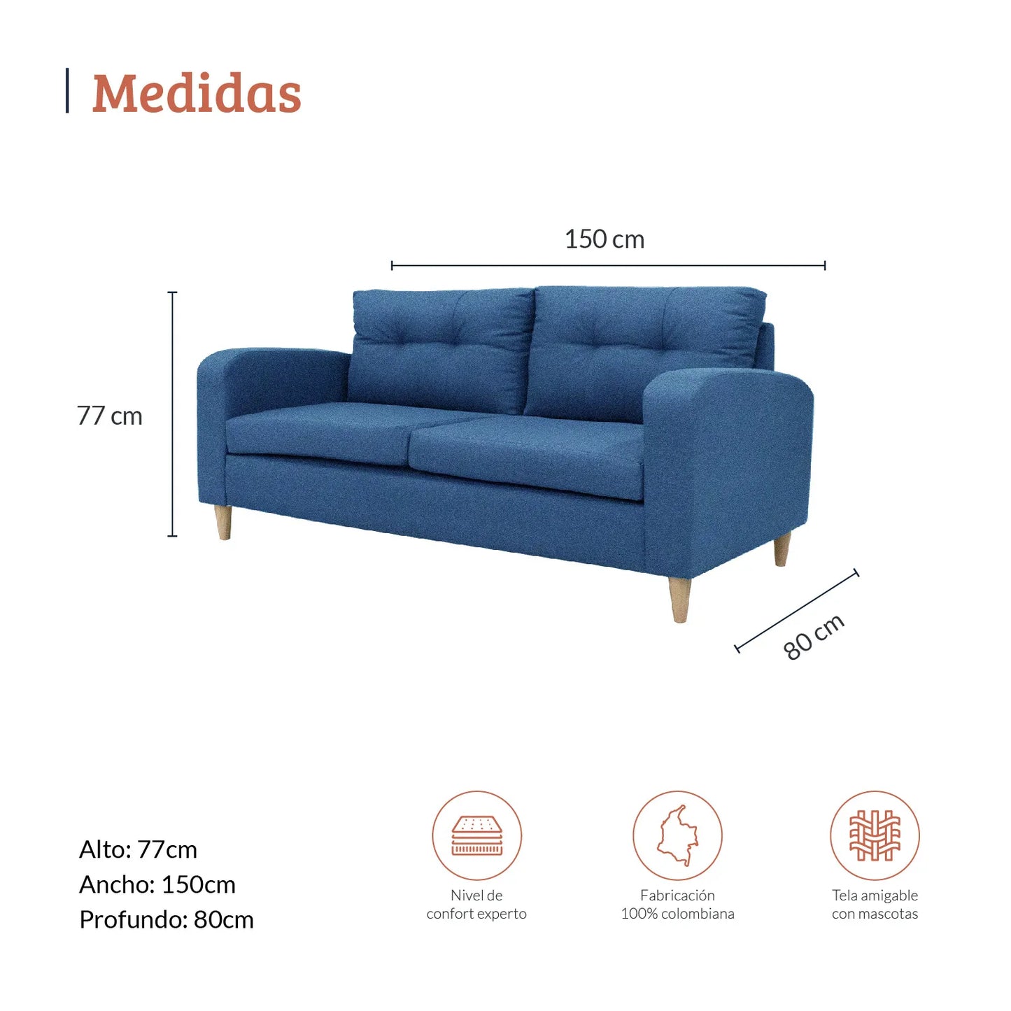 Diagrama con medidas de sofá Brisa 2 puestos en tela terracota, ideal para espacio residenciales, alto 77cm ancho 170cm profundo 80cm, nivel de confort experto, fabricación 100% colombiana y tela amigable con mascotas - All Star muebles Colombia