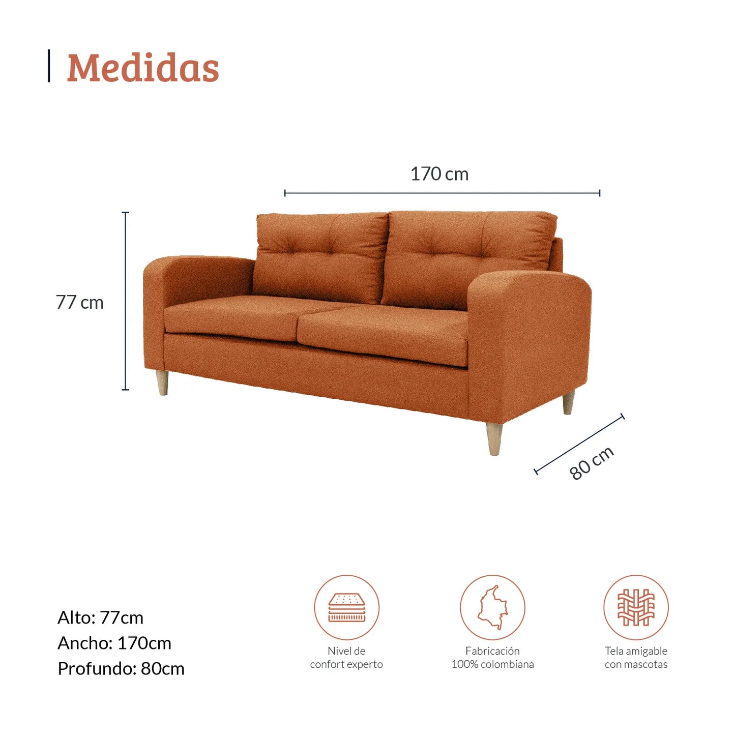 Diagrama con medidas de sofá Brisa 3 puestos en tela terracota, ideal para espacio residenciales, alto 77cm ancho 170cm profundo 80cm, nivel de confort experto, fabricación 100% colombiana y tela amigable con mascotas - All Star muebles Colombia