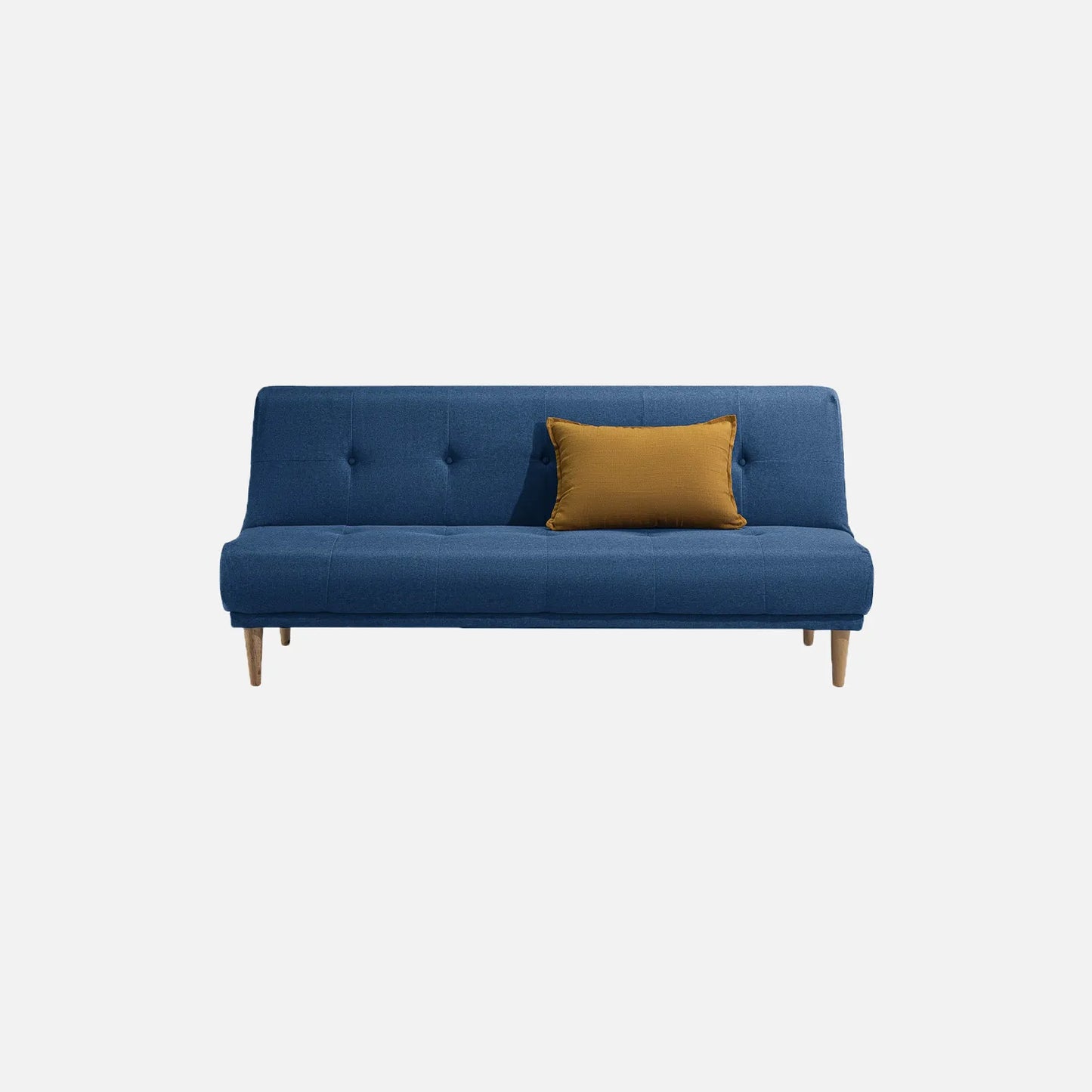Sofá cama Arena visto de frente en tela azul con patas de madera clara y cojín decorativo mostaza, ideal para salas y habitaciones - All Star Muebles Colombia