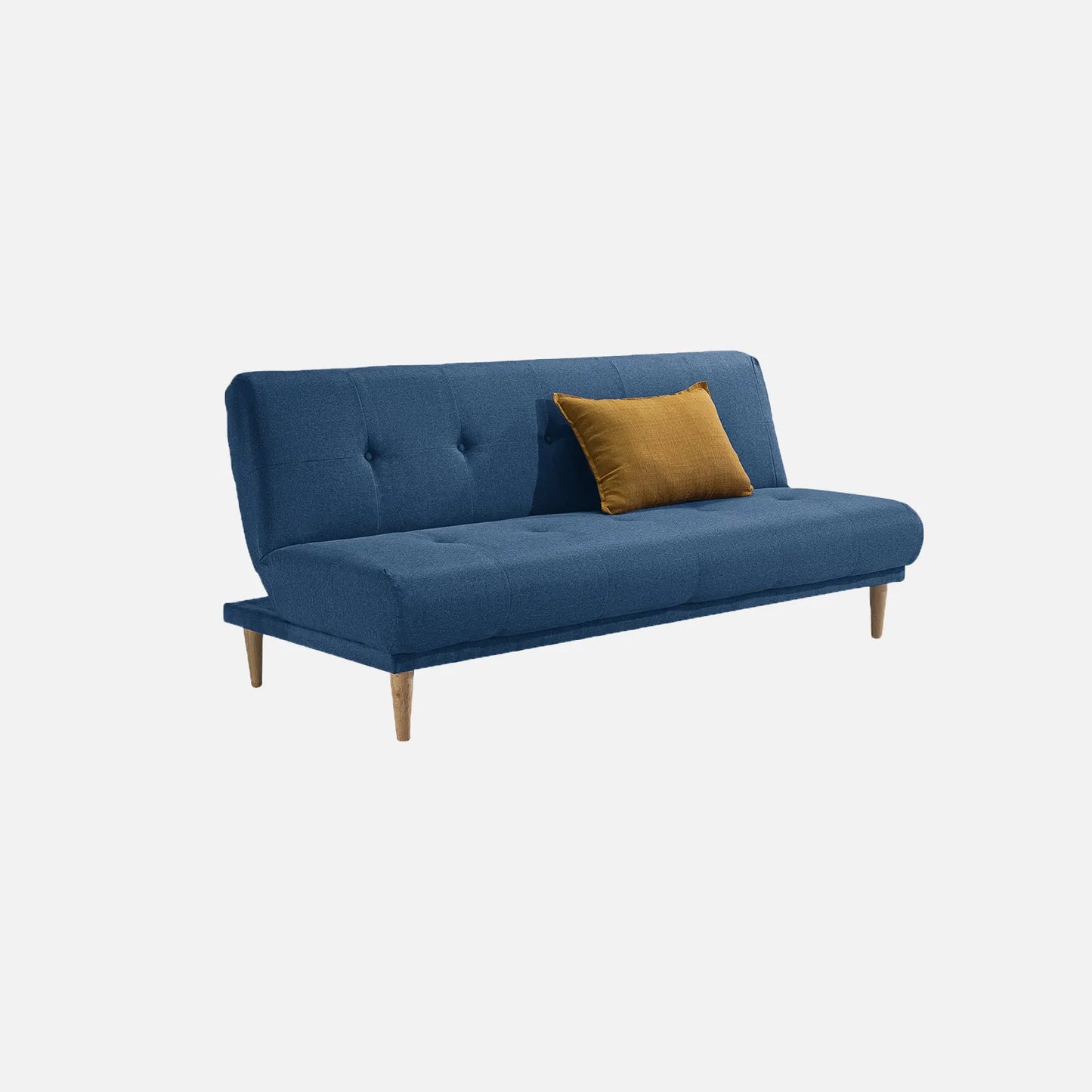 Sofá cama Arena en tela azul con patas de madera clara y cojín decorativo ocre - ideal para salas de familias colombianas - All Star Muebles Colombia