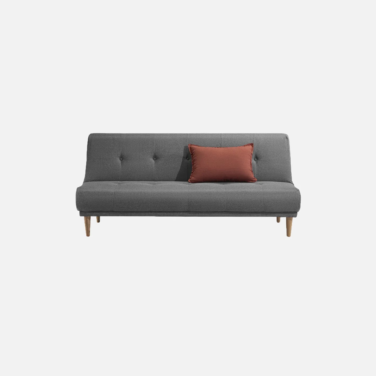 Sofá cama Arena visto de frente en tela gris con patas de madera clara y cojín decorativo ocre, ideal para salas y habitaciones - All Star Muebles Colombia