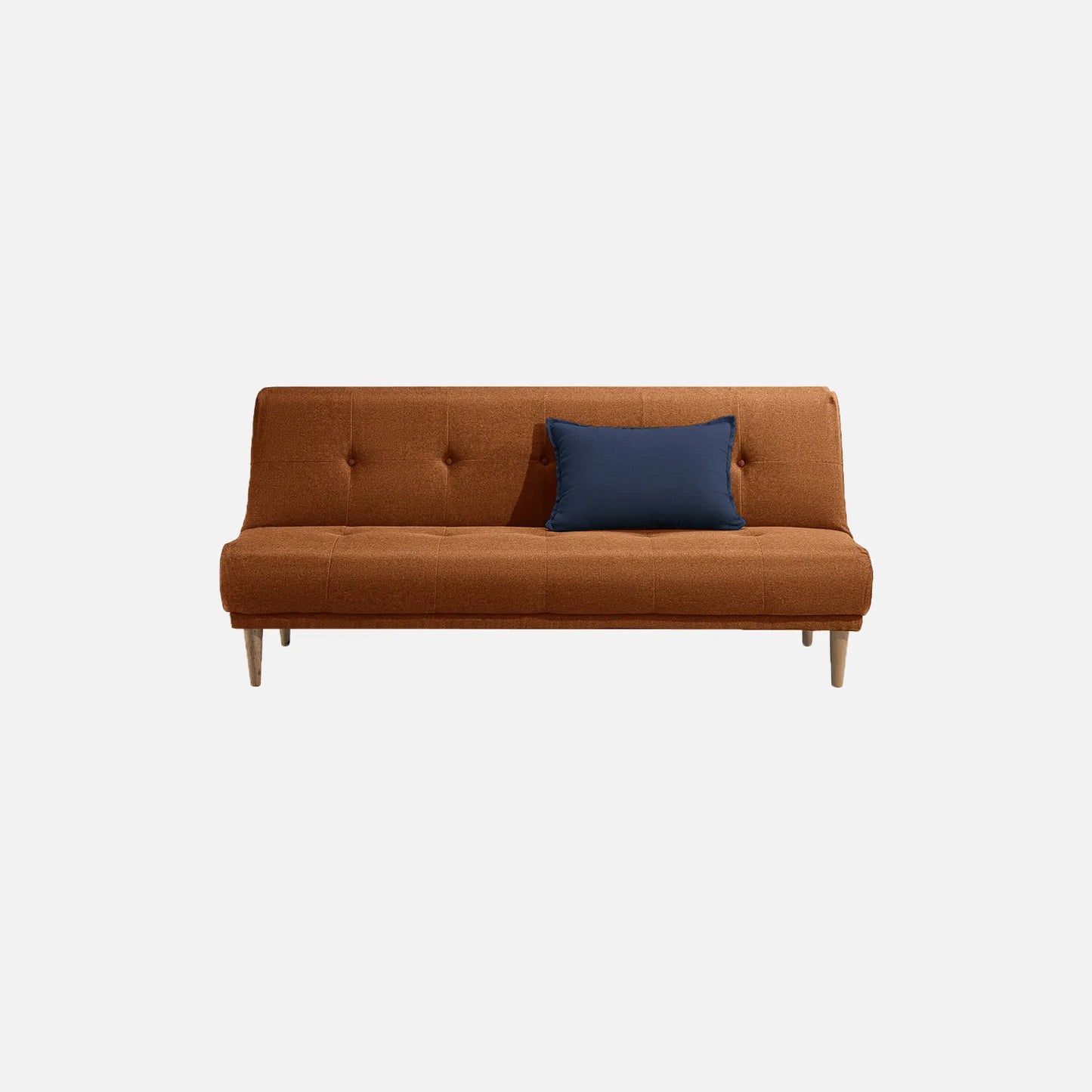 Sofá cama Arena visto de frente en tela terracota con patas de madera clara y cojín decorativo azul, ideal para salas y habitaciones - All Star Muebles Colombia