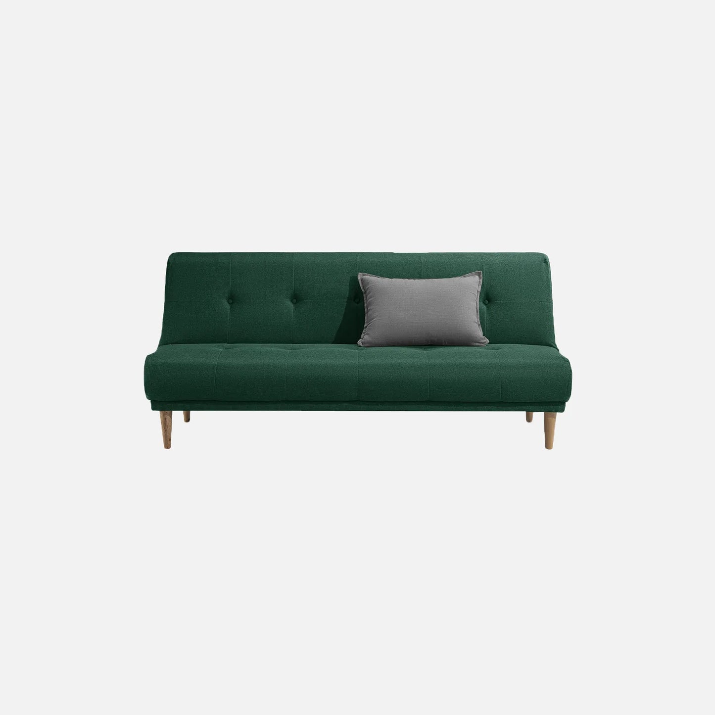 Sofá cama Arena visto de frente en tela verde con patas de madera clara y cojín decorativo gris, ideal para salas y habitaciones - All Star Muebles Colombia