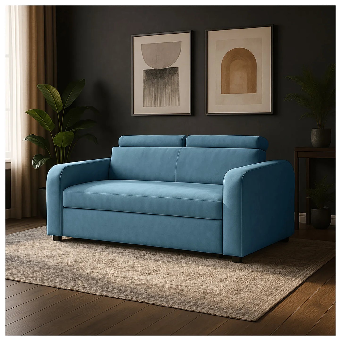 Sofá cama Mar en tela azul, patas metálicas desmontables, ubicado en sala moderna con decoración minimalista, ideal para apartamentos y casas de familias colombianas - All Star Muebles Colombia