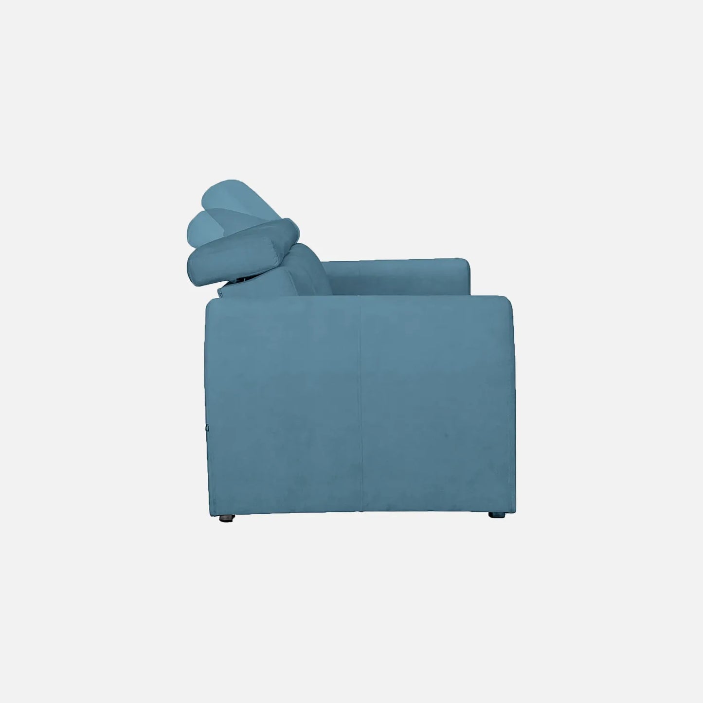 Sofá cama Mar Aqua visto de lateral, tapizado en tela azul y patas metálicas, ideal para espacios reducidos con sistema de apertura fácil y superficie de descanso amplia - All Star Muebles