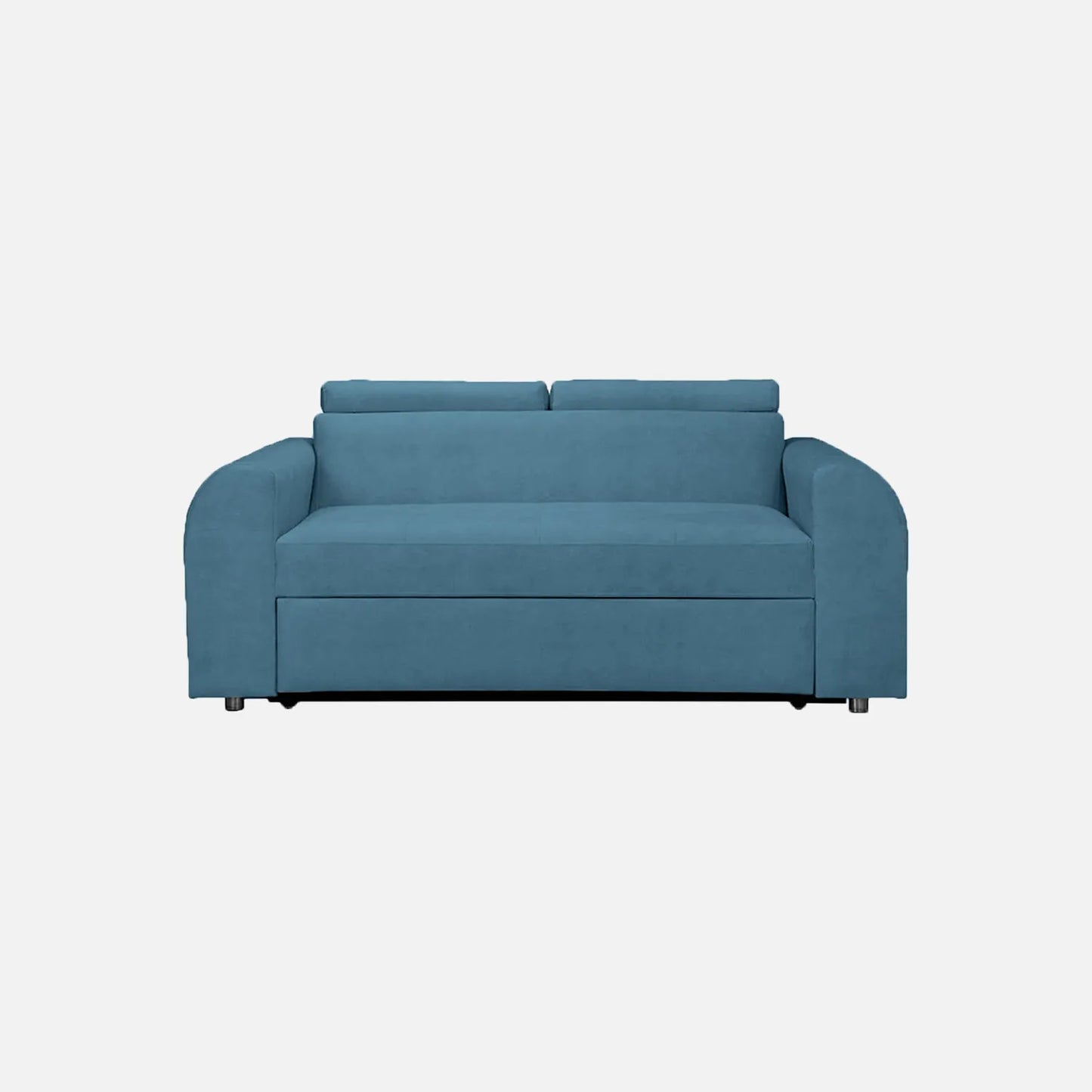 Sofá cama Mar Aqua visto de frente, tapizado en tela azul y patas metálicas, ideal para espacios reducidos con sistema de apertura fácil y superficie de descanso amplia - All Star Muebles