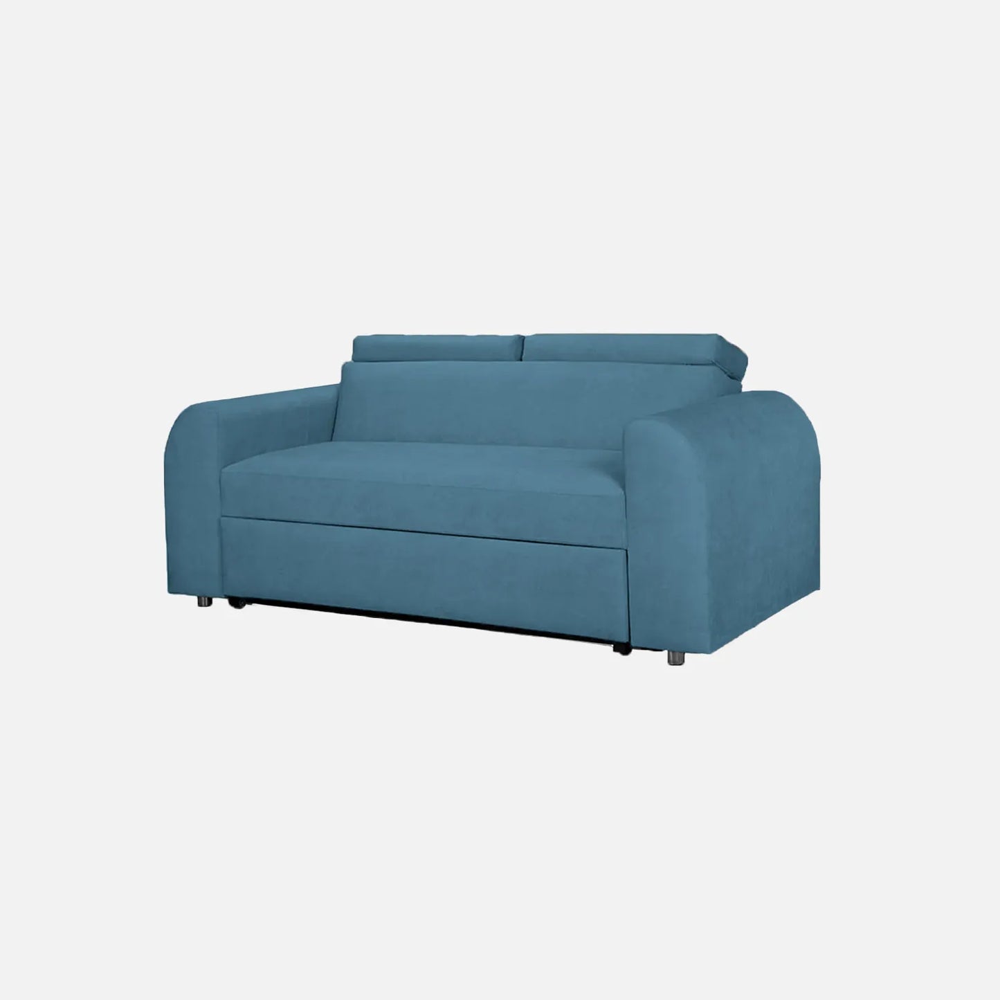 Sofá cama Mar Aqua visto en perspectiva, tapizado en tela azul y patas metálicas, ideal para espacios reducidos con sistema de apertura fácil y superficie de descanso amplia - All Star Muebles