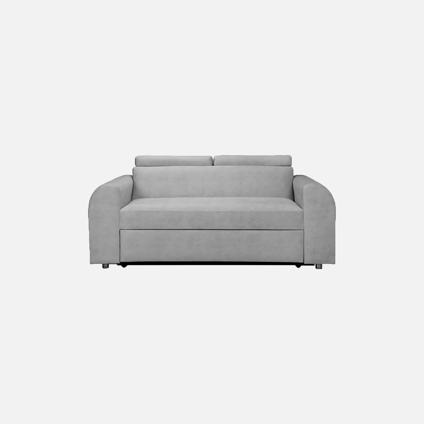 Sofá cama Mar Aqua visto de frente, tapizado en tela gris y patas metálicas, ideal para espacios reducidos con sistema de apertura fácil y superficie de descanso amplia - All Star Muebles