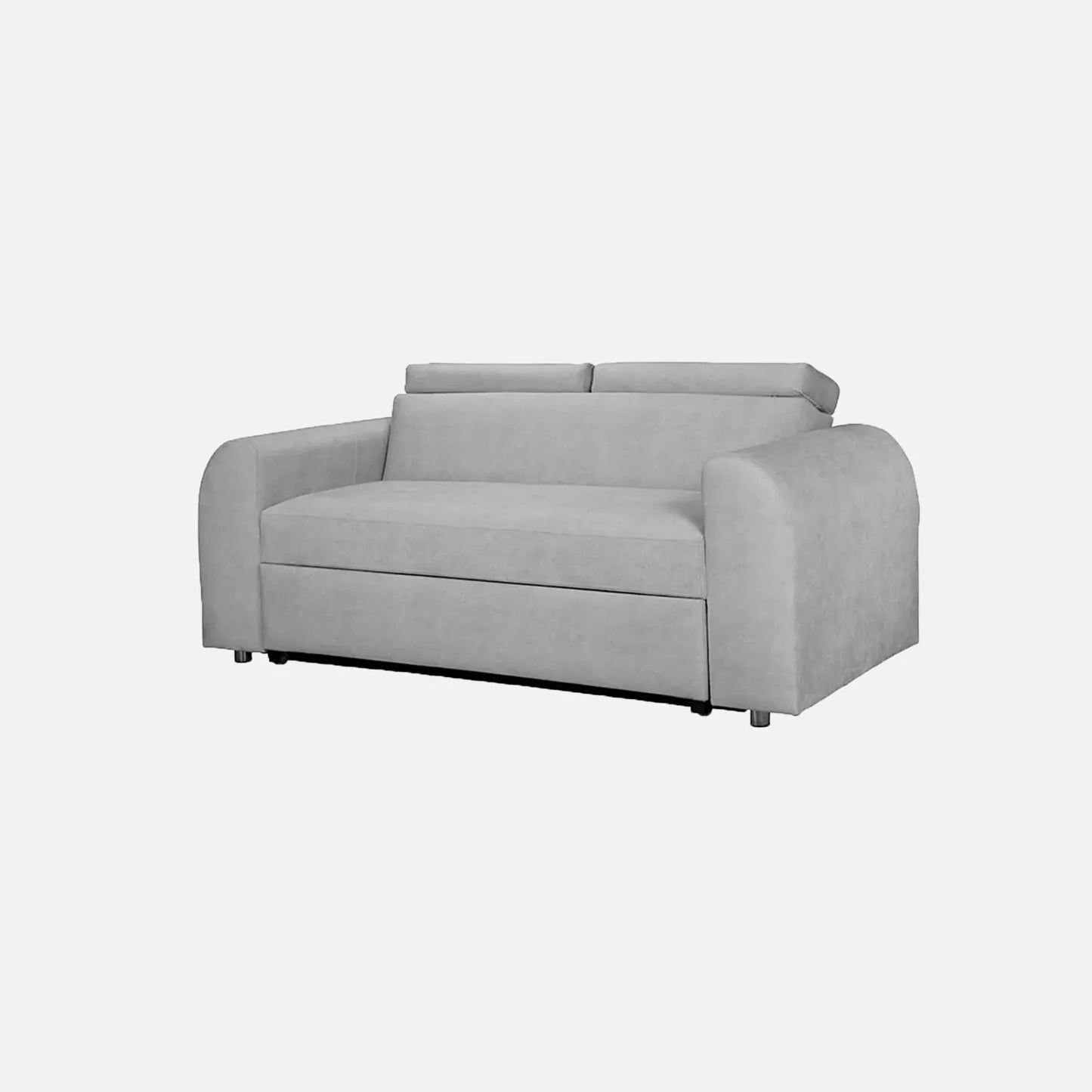 Sofá cama Mar Aqua visto en perspectiva, tapizado en tela gris y patas metálicas, ideal para espacios reducidos con sistema de apertura fácil y superficie de descanso amplia - All Star Muebles