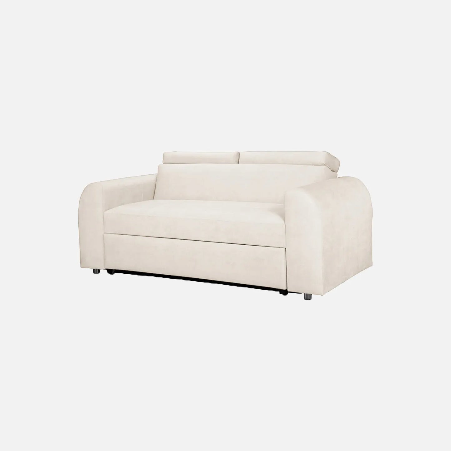 Sofá cama Mar Aqua visto en perspectiva, tapizado en tela marfil y patas metálicas, ideal para espacios reducidos con sistema de apertura fácil y superficie de descanso amplia - All Star Muebles