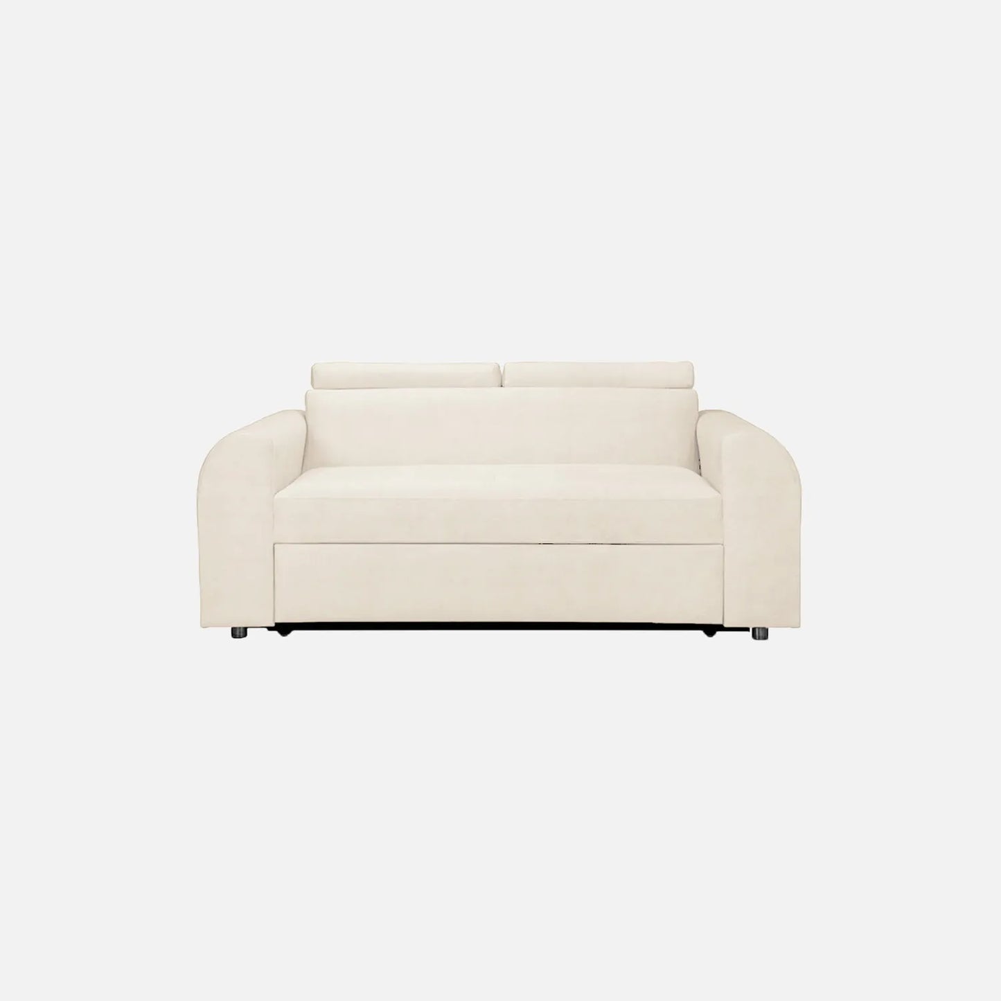 Sofá cama Mar Aqua visto de frente, tapizado en tela marfil y patas metálicas, ideal para espacios reducidos con sistema de apertura fácil y superficie de descanso amplia - All Star Muebles