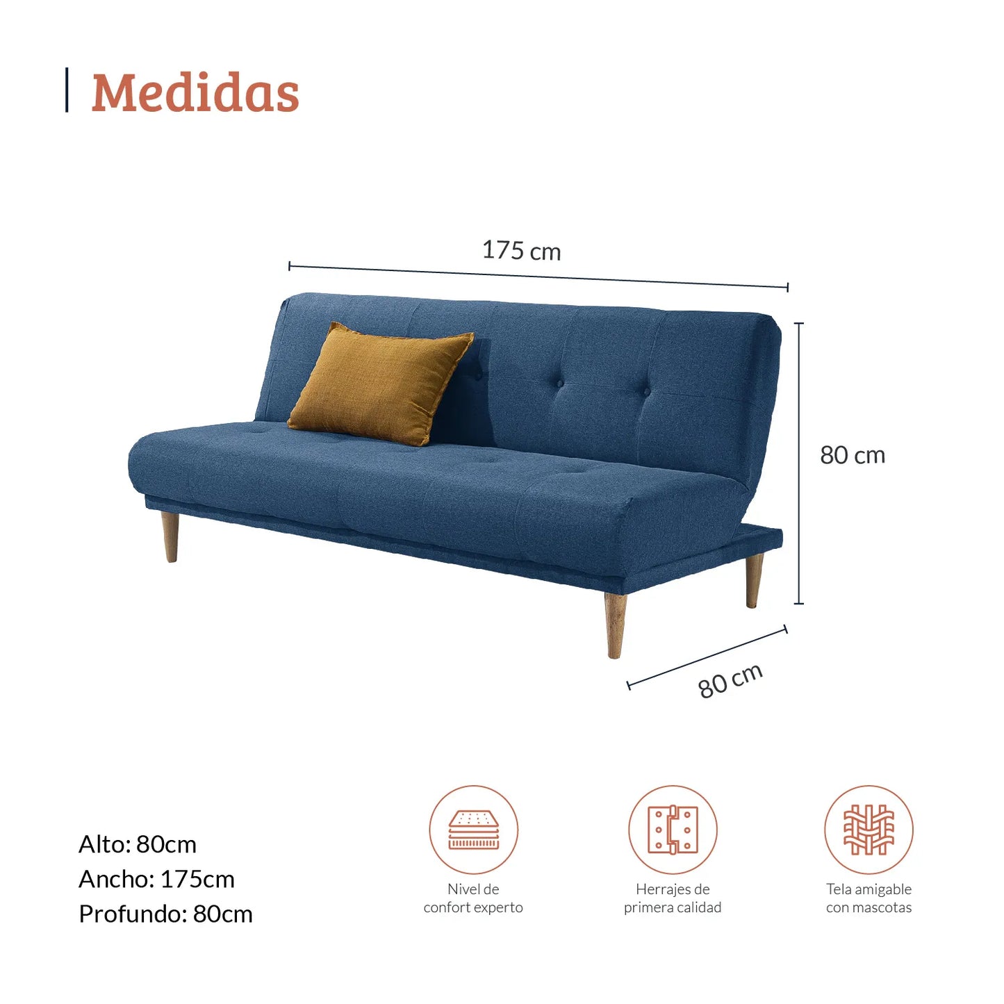 Diagrama con medidas de sofá cama Arena en tela azul, ideal para espacio residenciales, alto 80 ancho 175 profundo 80, nivel de confort experto, herrajes de primera calidad y tela amigable con mascotas - All Star muebles Colombia