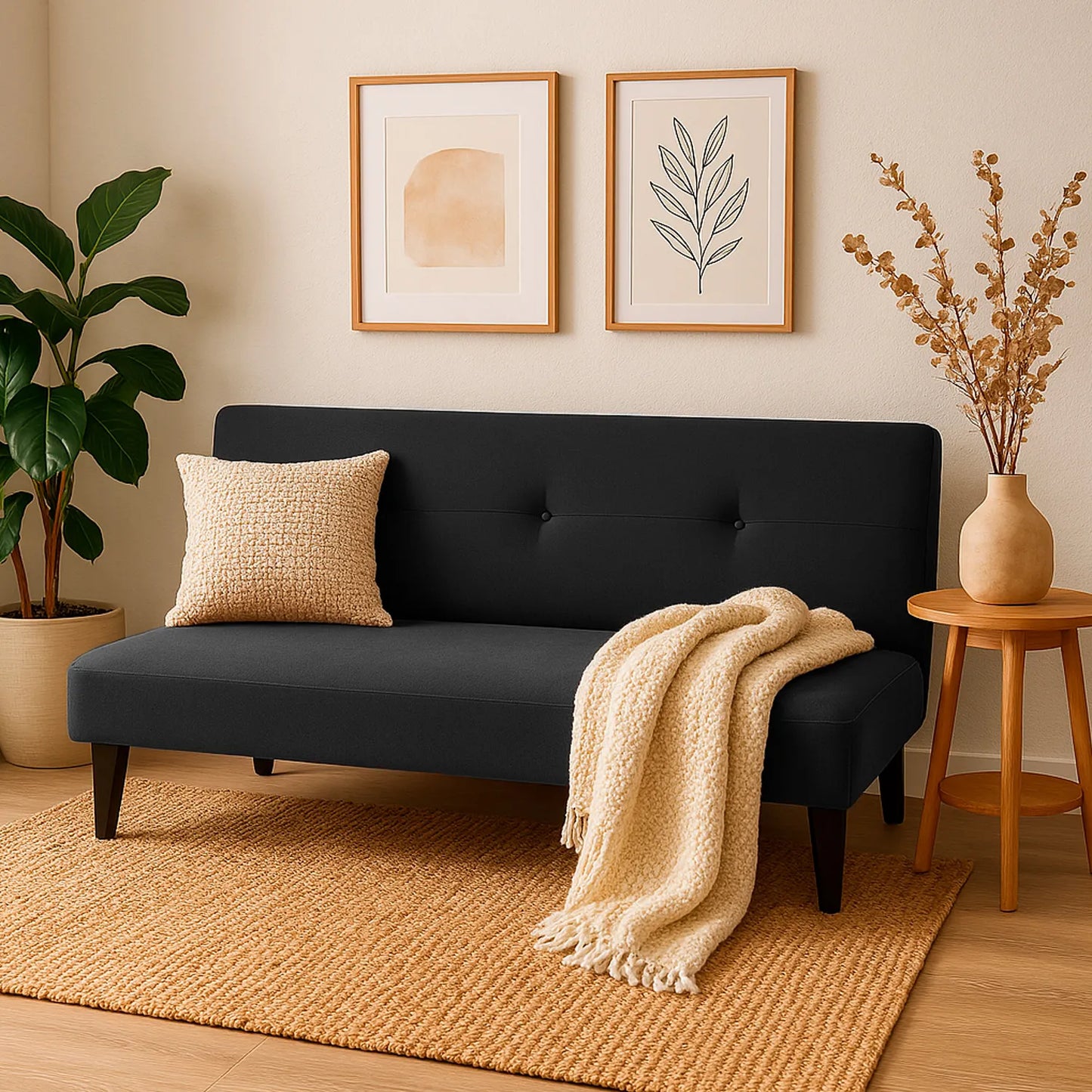 Sofá cama Basic tipo clic clac tapizado en color negro, con patas plásticas en color negro, ubicado en sala moderna minimalista, ambientado con mesa auxiliar, Ideal para hogares colombianos que buscan confort y estilo moderno - All Star muebles