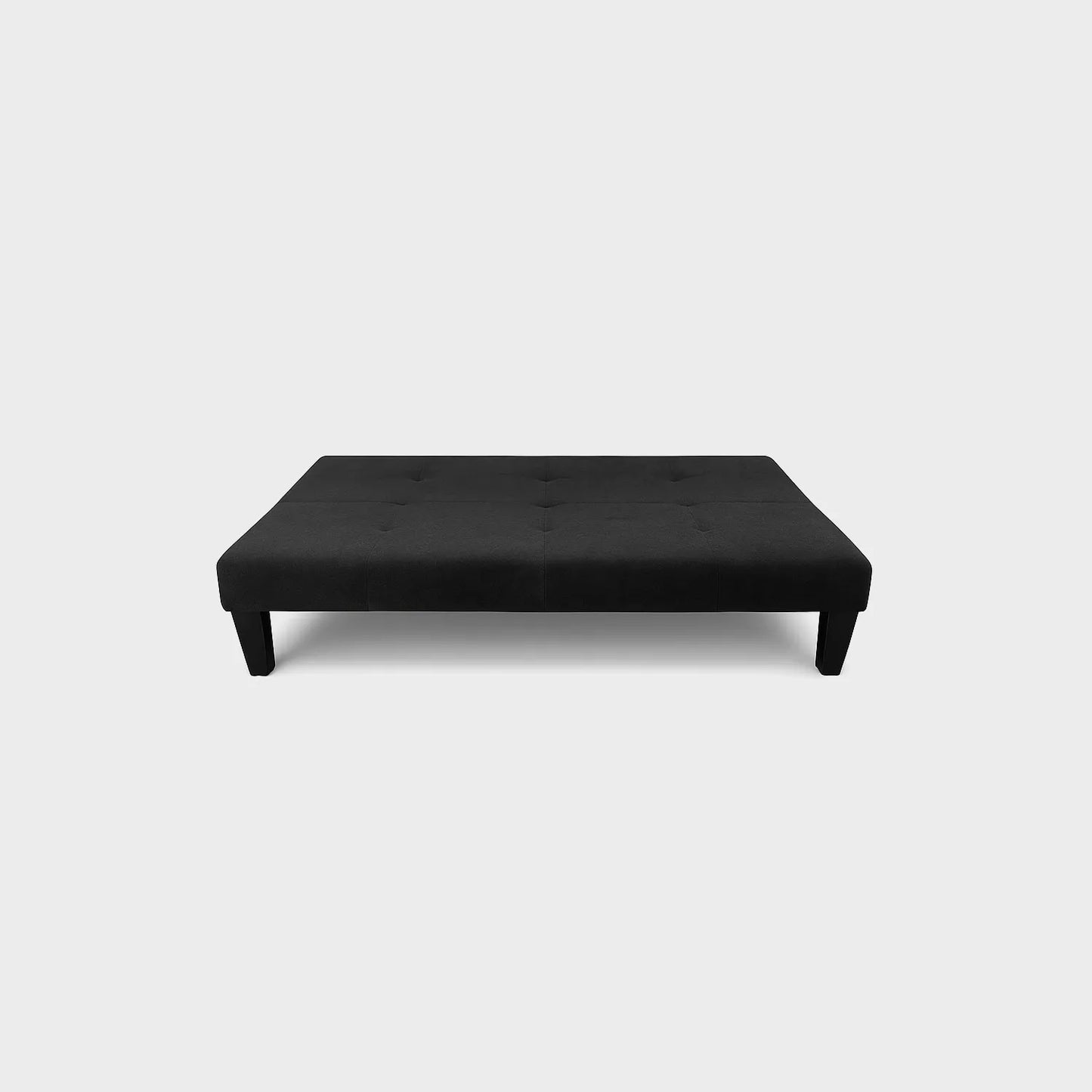 Sofá cama Basic tipo clic clac visto de frente modo cama, tapizado color negro, con patas plásticas en color negro, fotografía sobre fondo blanco, ideal para visualizar la combinación de estilos y colores - All Star muebles