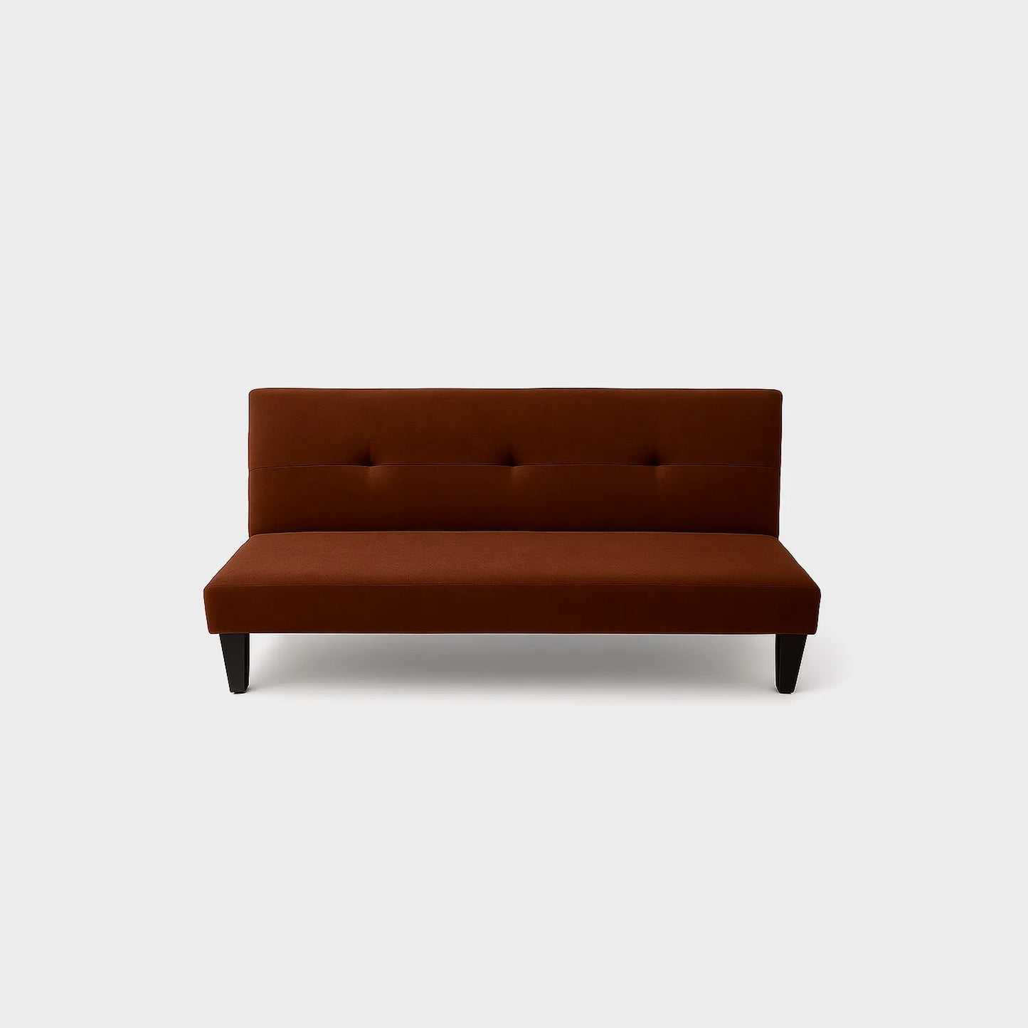Sofá cama Basic tipo clic clac visto de frente, tapizado color café, con patas plásticas en color negro, fotografía sobre fondo blanco, ideal para visualizar la combinación de estilos y colores - All Star muebles
