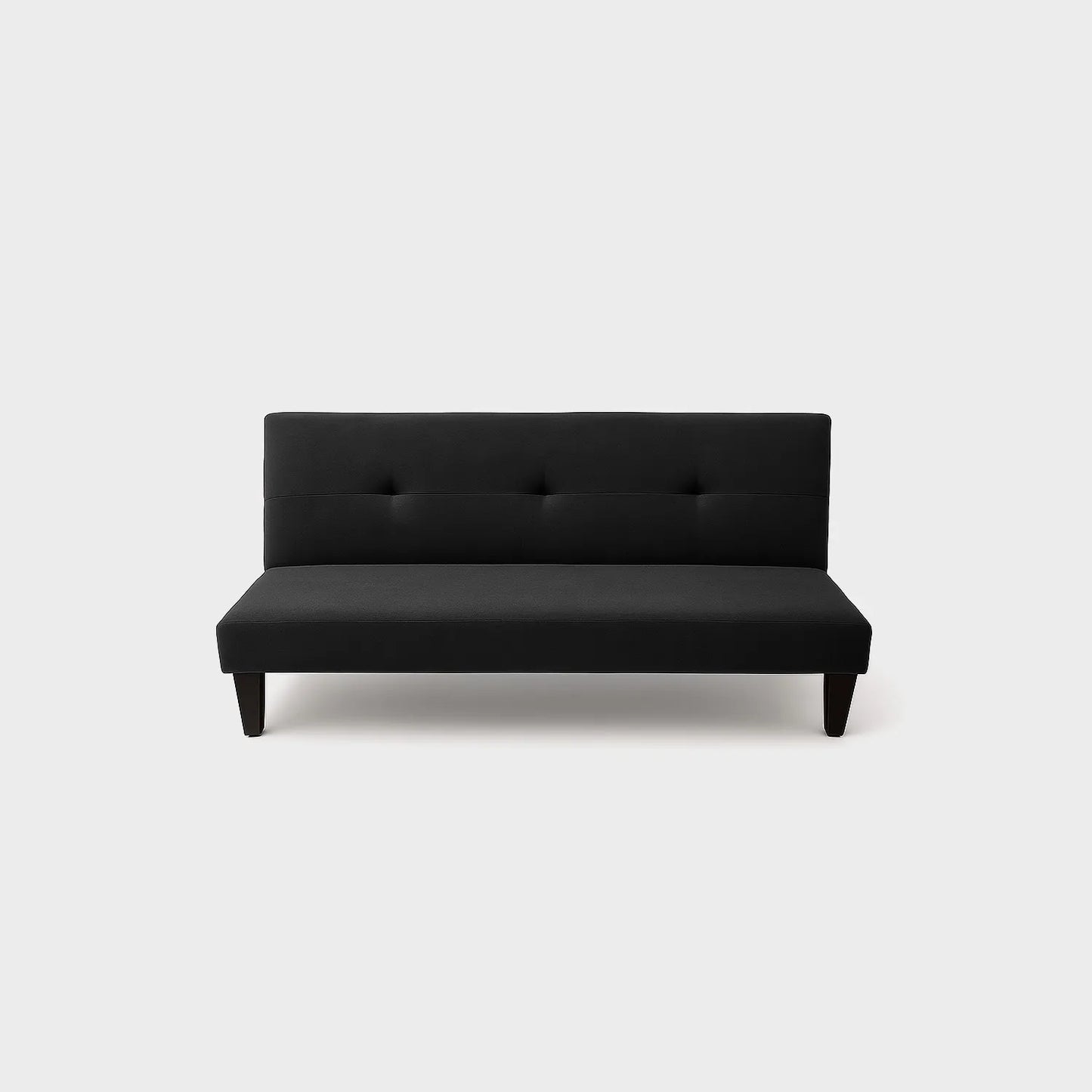Sofá cama Basic tipo clic clac visto de frente, tapizado color negro, con patas plásticas en color negro, fotografía sobre fondo blanco, ideal para visualizar la combinación de estilos y colores - All Star muebles