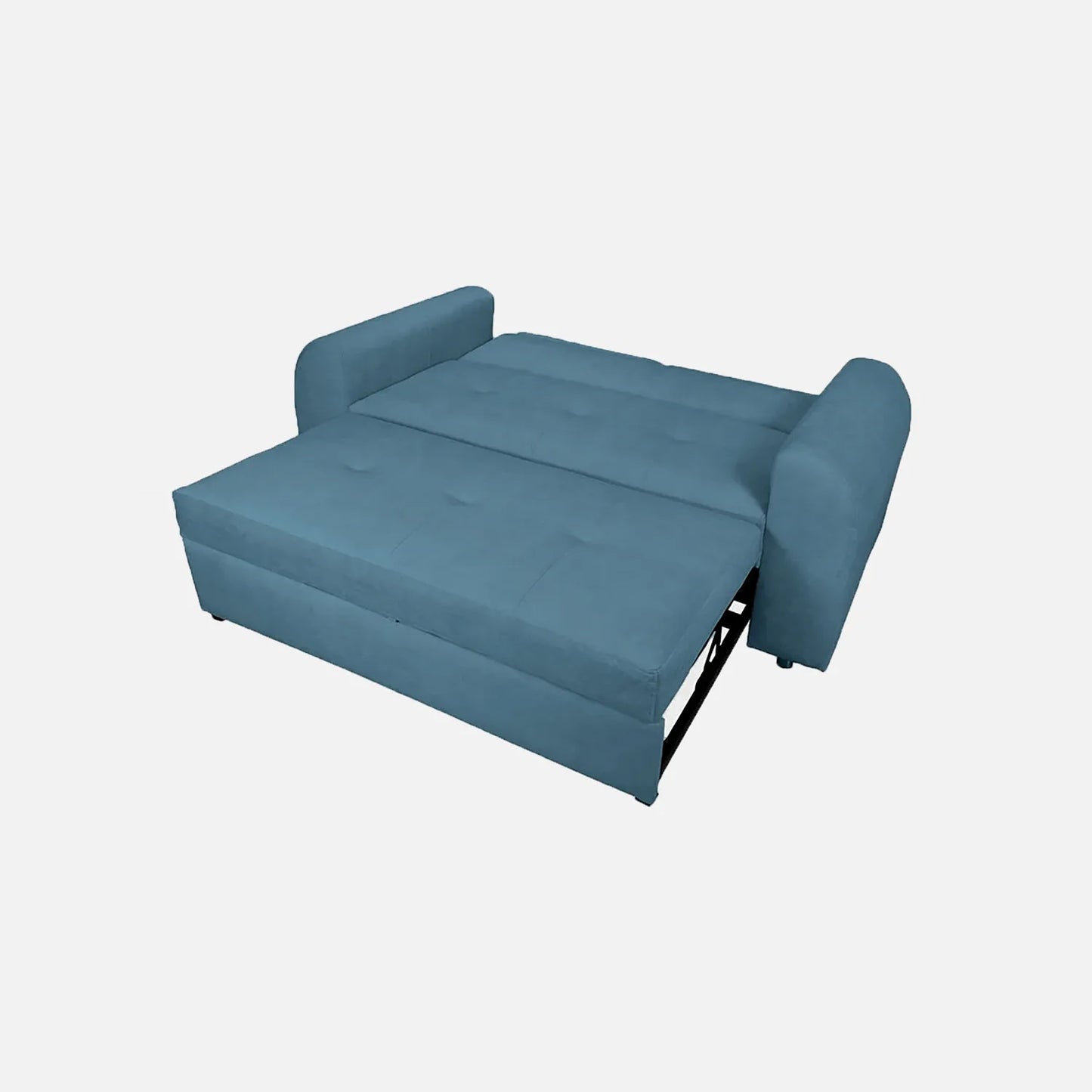 Sofá cama Mar Aqua abierto en modo cama, tapizado en tela azul y estructura metálica expuesta, ideal para espacios reducidos con sistema de apertura fácil y superficie de descanso amplia - All Star Muebles