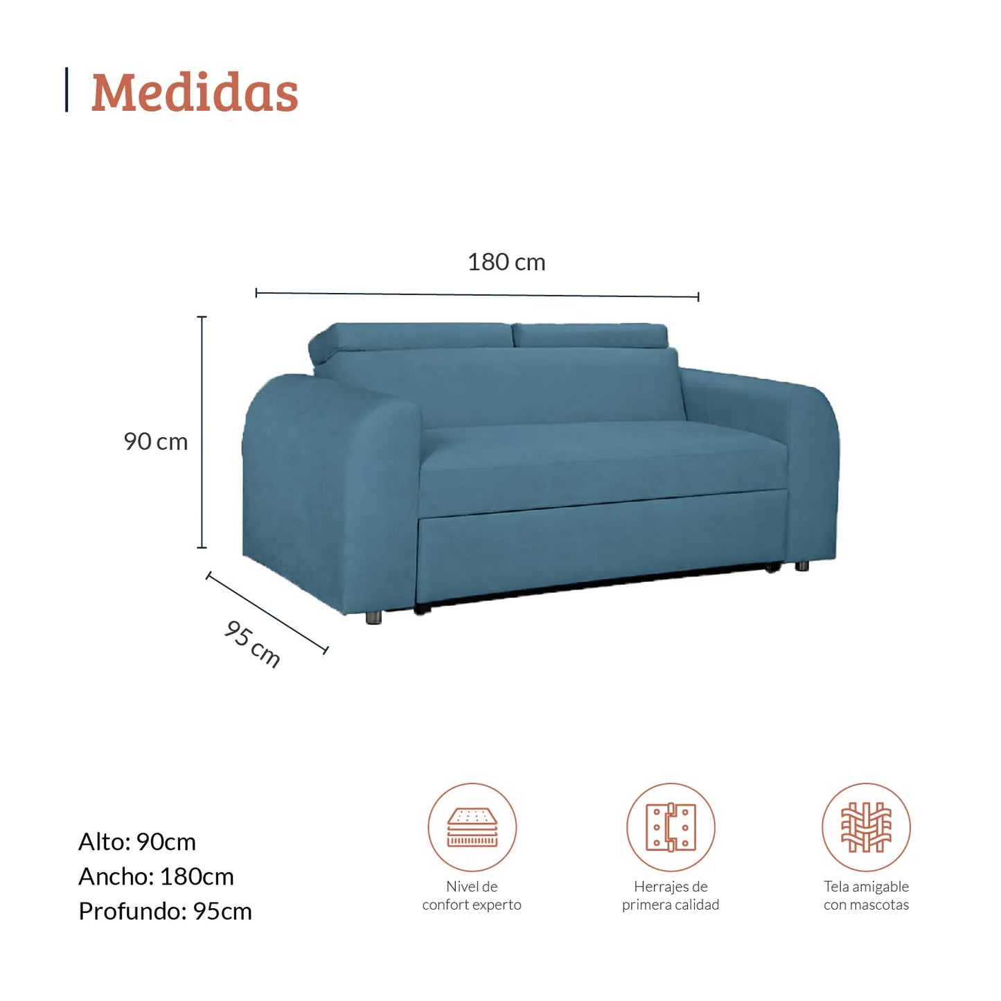 Diagrama con medidas de sofá cama Mar en tela color azul, ideal para espacio residenciales, alto 90cm ancho 180cm profundo 95cm, nivel de confort experto, herrajes de primera calidad y tela amigable con mascotas - All Star muebles Colombia
