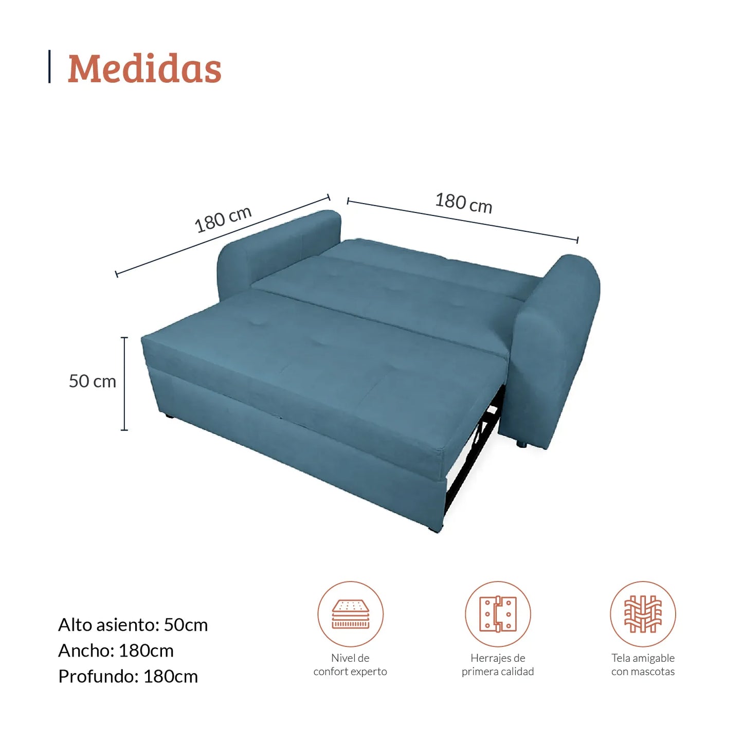 Diagrama con medidas de sofá cama Mar modo cama en tela color azul, ideal para espacio residenciales, alto asiento 50cm ancho 180cm profundo 180cm, nivel de confort experto, herrajes de primera calidad y tela amigable con mascotas - All Star muebles Colombia