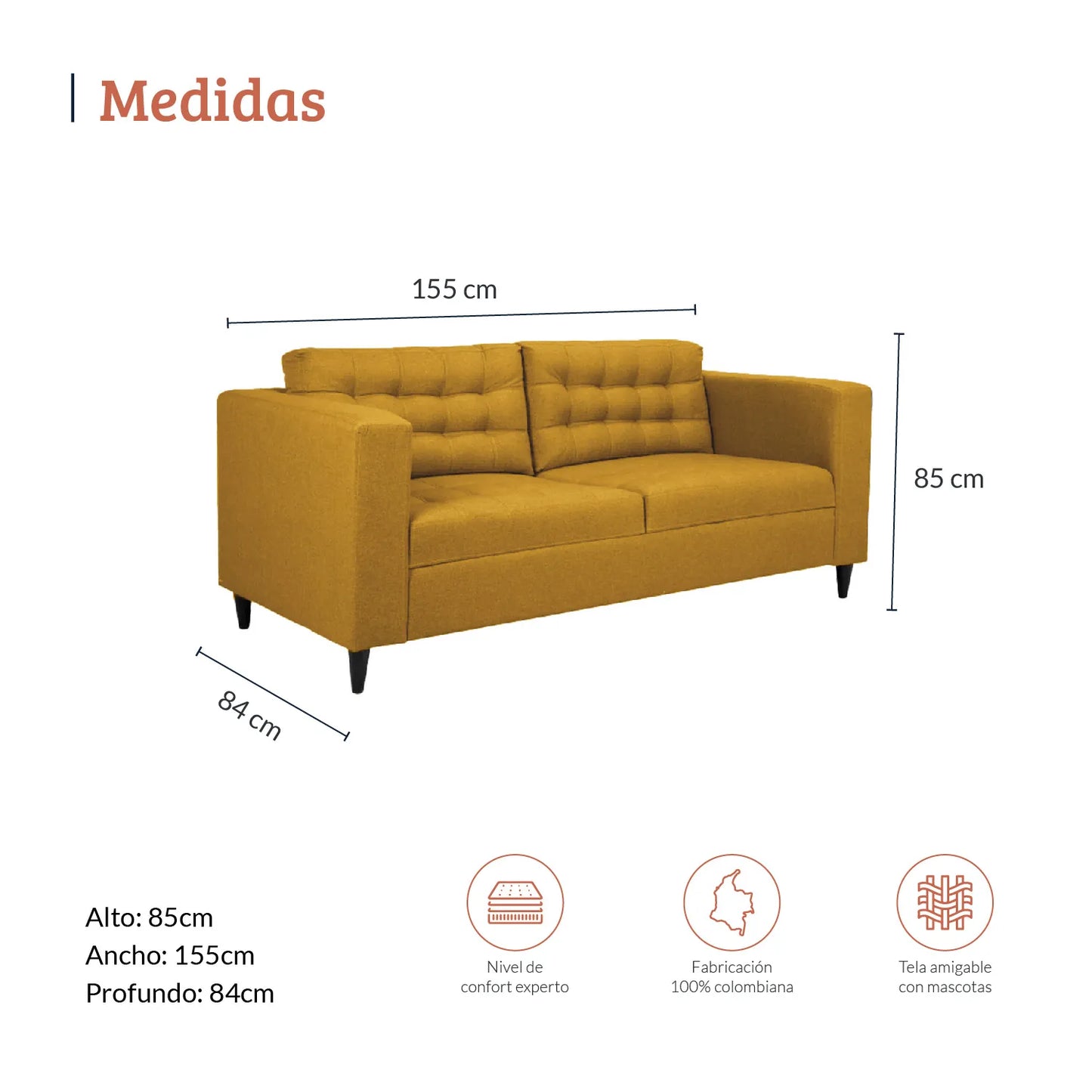 Diagrama con medidas de sofá dos puestos en tela mostaza, ideal para espacios corporativos y residenciales, alto 85 ancho 155 y profundo 84 centímetros - All Star muebles Colombia