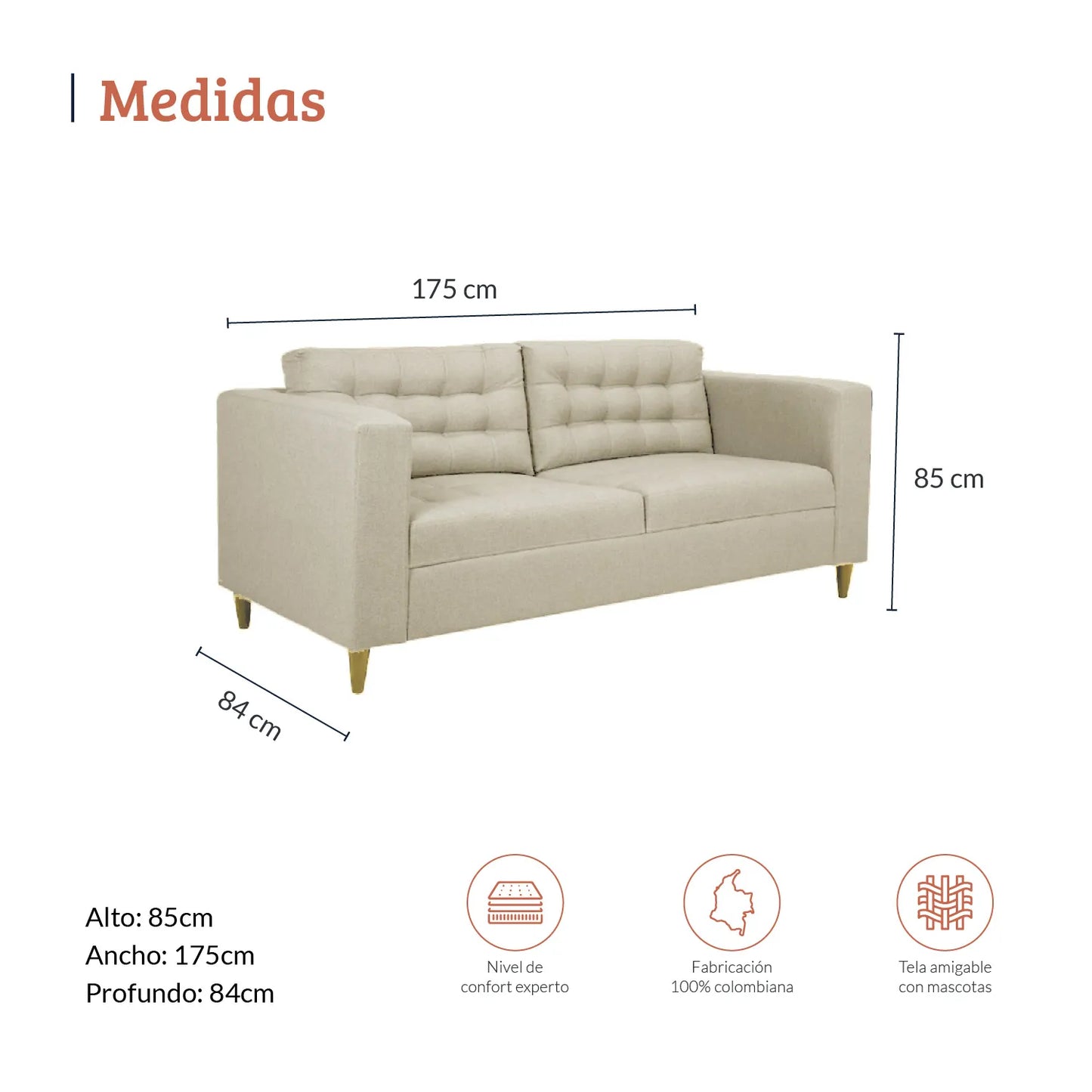Diagrama con medidas de sofá Honey 3 puestos en tela color marrfil, ideal para apartamentos, recepciones y casas, alto 80cm ancho 175cm profundo 84cm, nivel de confort experto, fabricación 100% colombiana y tela amigable con mascotas - All Star muebles Colombia