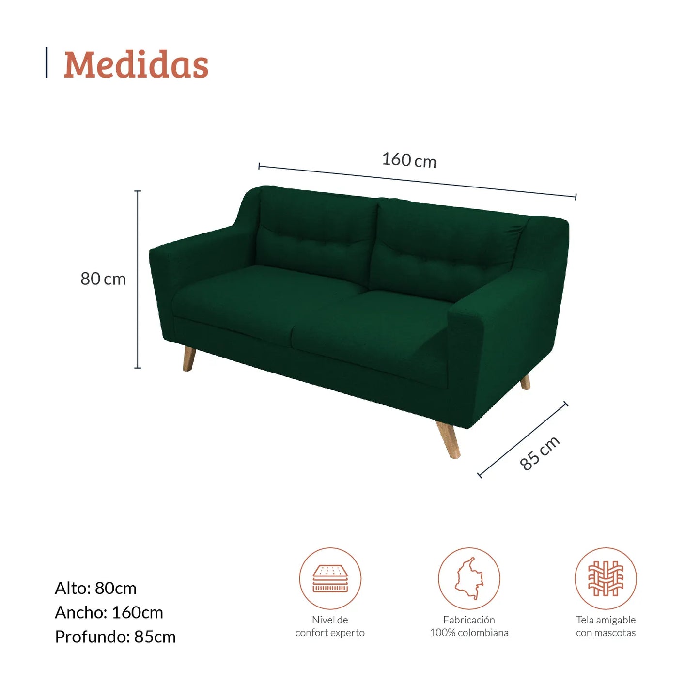Diagrama con medidas de sofá Loto 2 puestos en tela color verde, ideal para apartamentos, alto 80cm ancho 160cm profundo 85cm, nivel de confort experto, fabricación 100% colombiana y tela amigable con mascotas - All Star muebles Colombia