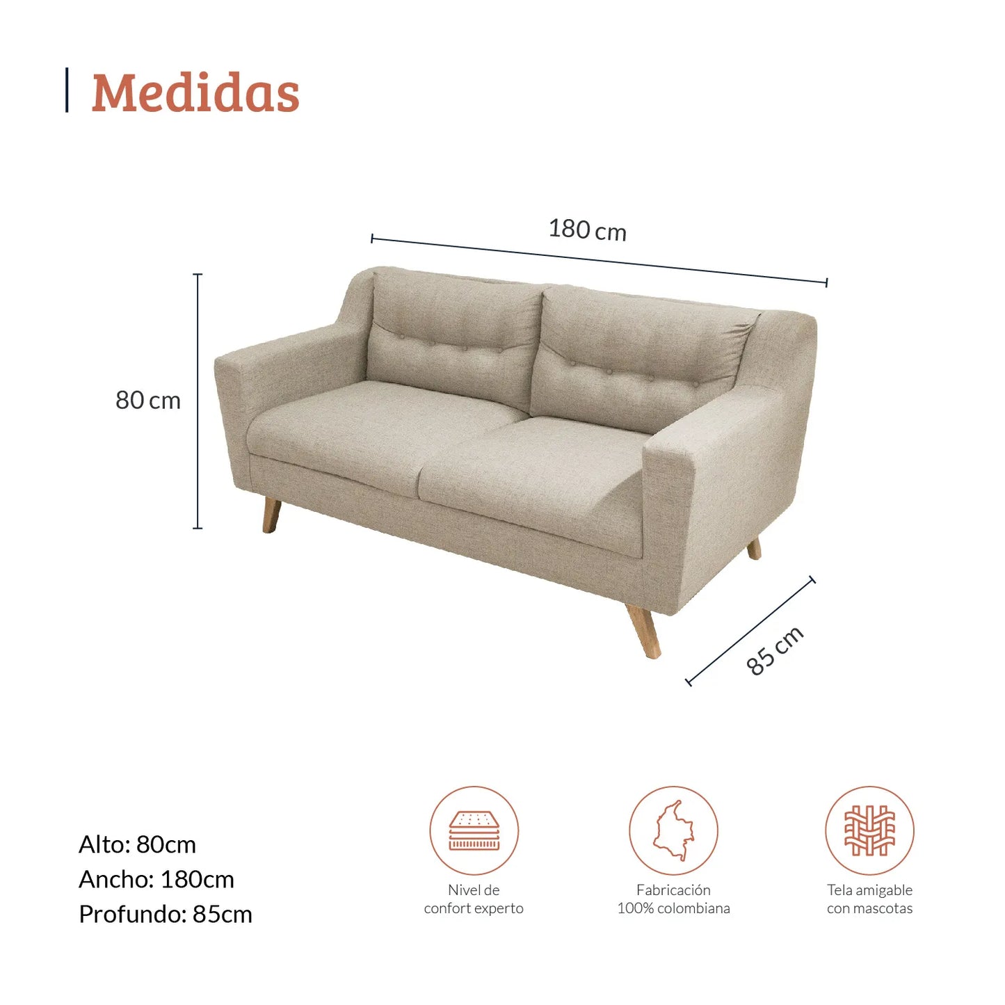 Diagrama con medidas de sofá Loto 3 puestos en tela color beige, ideal para apartamentos, alto 80cm ancho 180cm profundo 85cm, nivel de confort experto, fabricación 100% colombiana y tela amigable con mascotas - All Star muebles Colombia