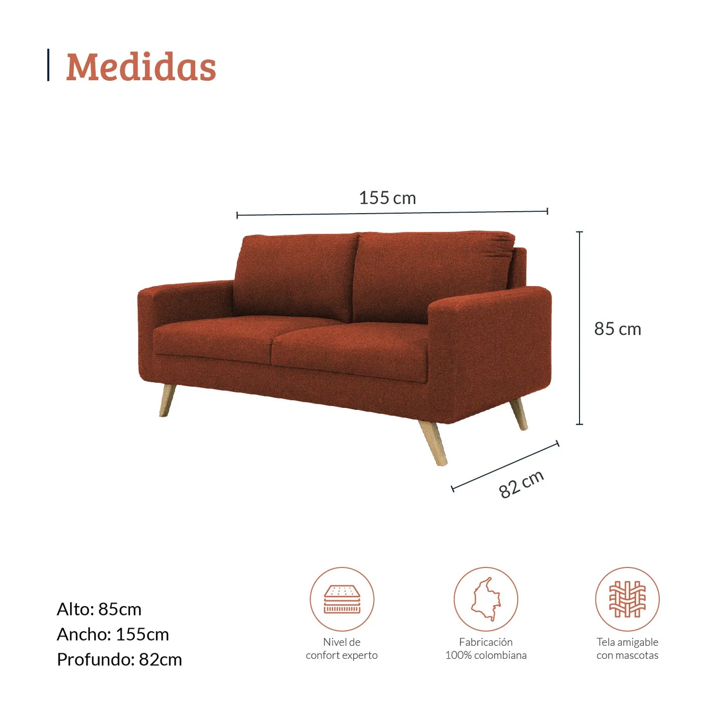 Diagrama con medidas de sofá dos puestos en tela terracota, ideal para espacios corporativos y residenciales, alto 85 ancho 155 y profundo 82 centímetros - All Star muebles Colombia