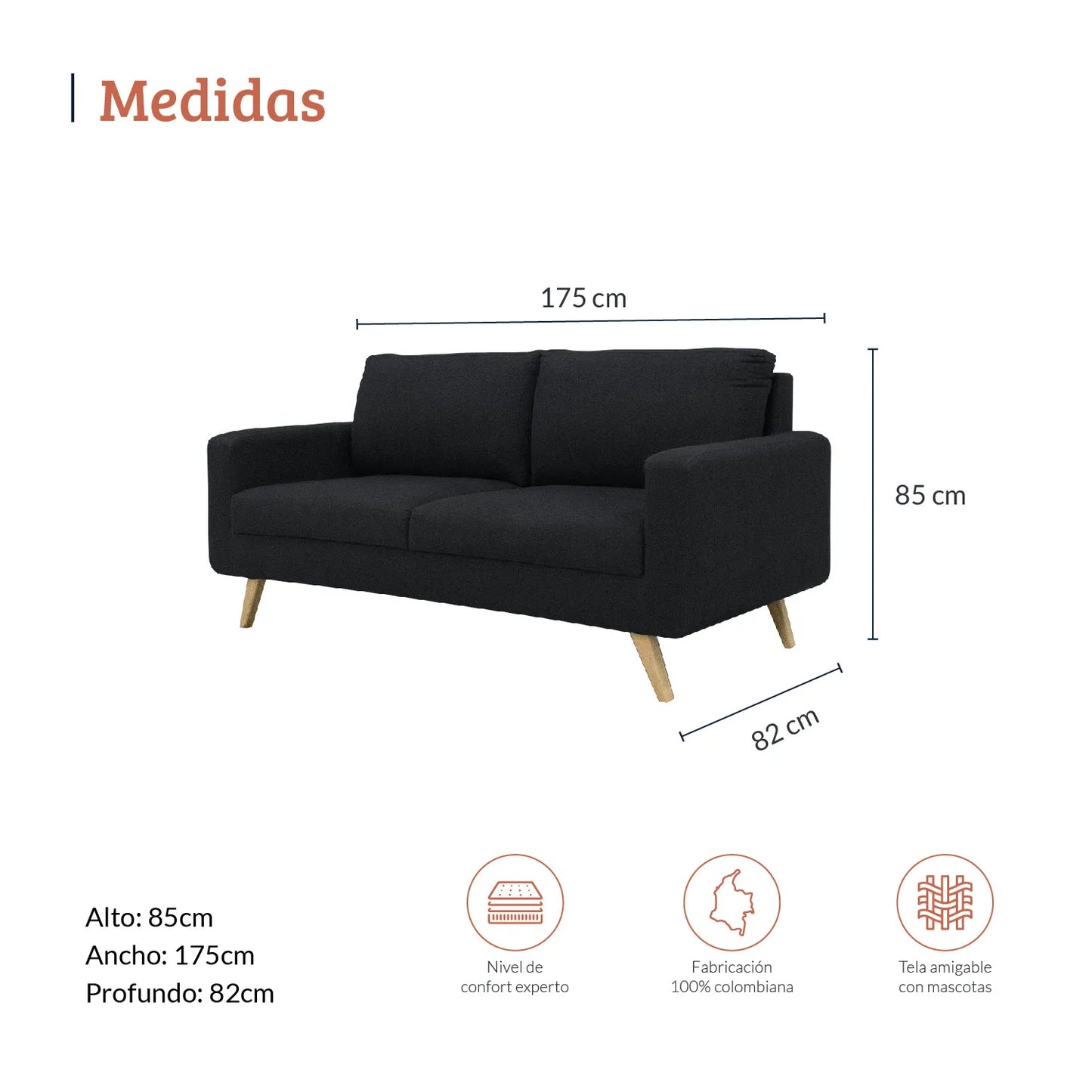 Diagrama con medidas de sofá dos puestos en tela negra, ideal para espacios corporativos y residenciales, alto 85 ancho 175 y profundo 82 centímetros - All Star muebles Colombia