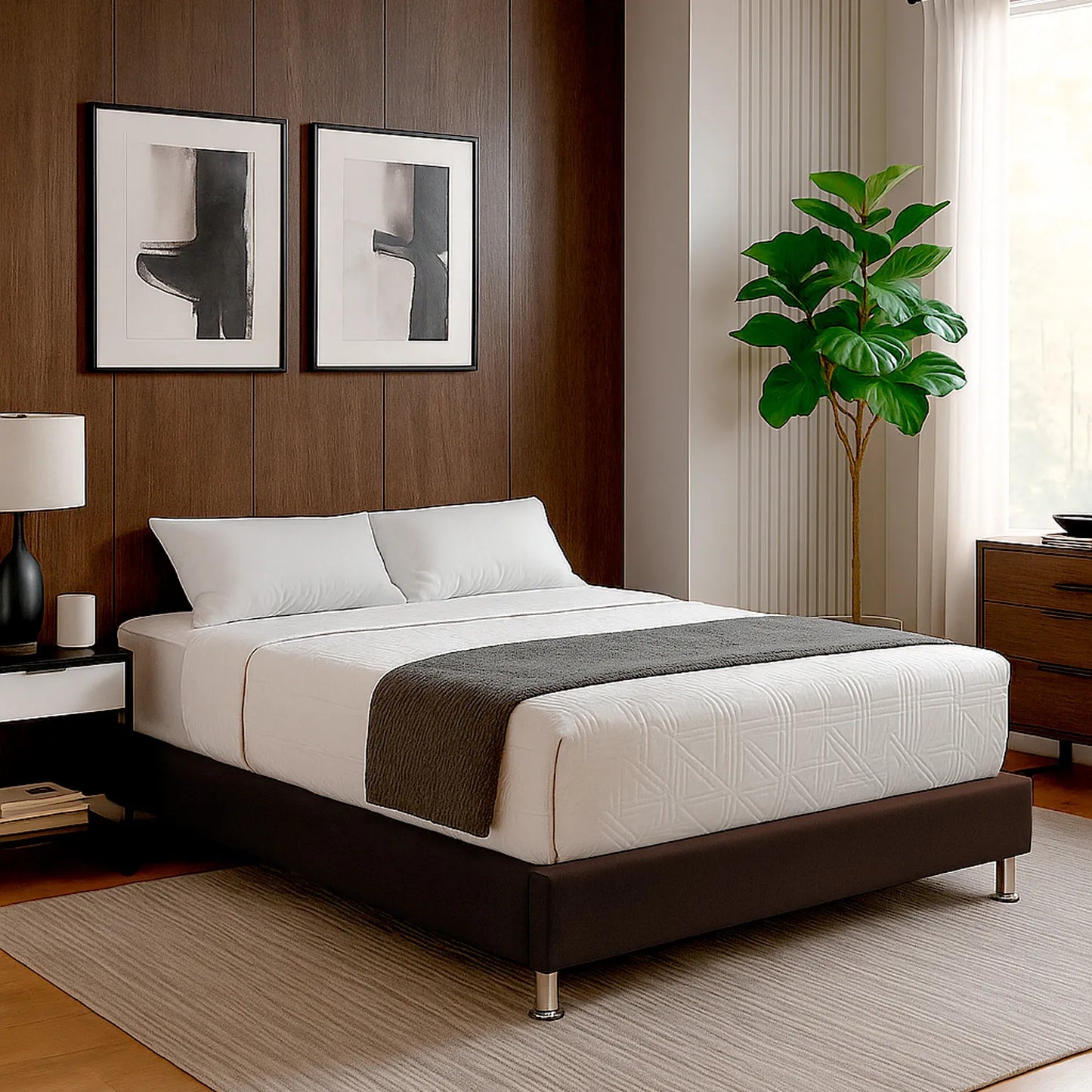 base cama tapizada en tela color chocolate, ambientado en sala moderna con pared de acabado madera, alfombra beige y decoración minimalista – diseño contemporáneo ideal para hogares colombianos – All Star Muebles Colombia