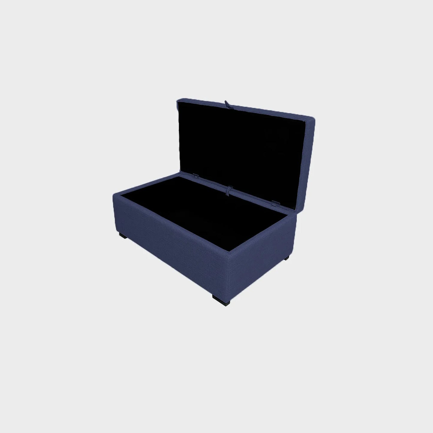 Puff tipo baúl abierto visto en perspectiva, tapizado color azul, con patas en madera color negro, fotografía sobre fondo blanco, ideal para visualizar la combinación de estilos y colores - All Star muebles