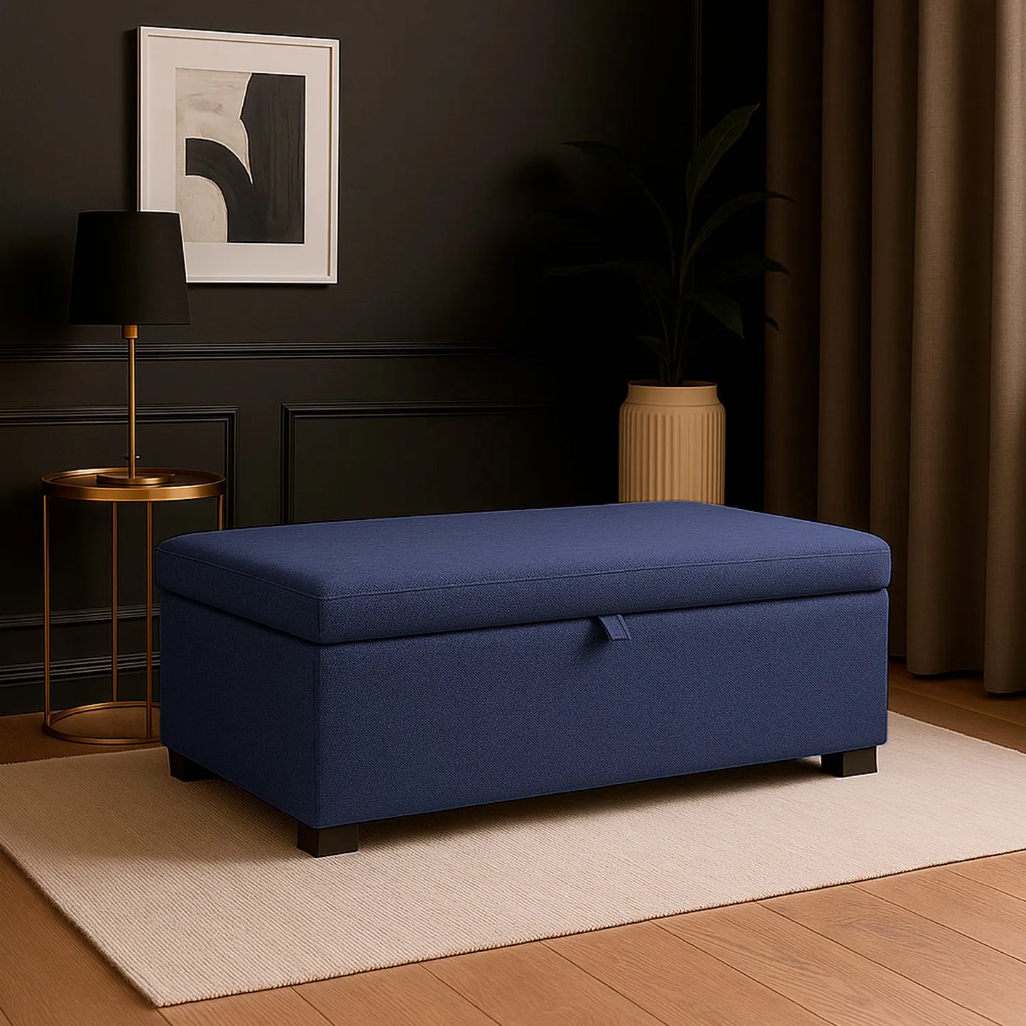Puff tipo baúl tapizado en color azul, con patas en madera color negro, ubicado en sala moderna minimalista, ambientado con mesa auxiliar, Ideal para hogares colombianos que buscan confort y estilo moderno - All Star muebles