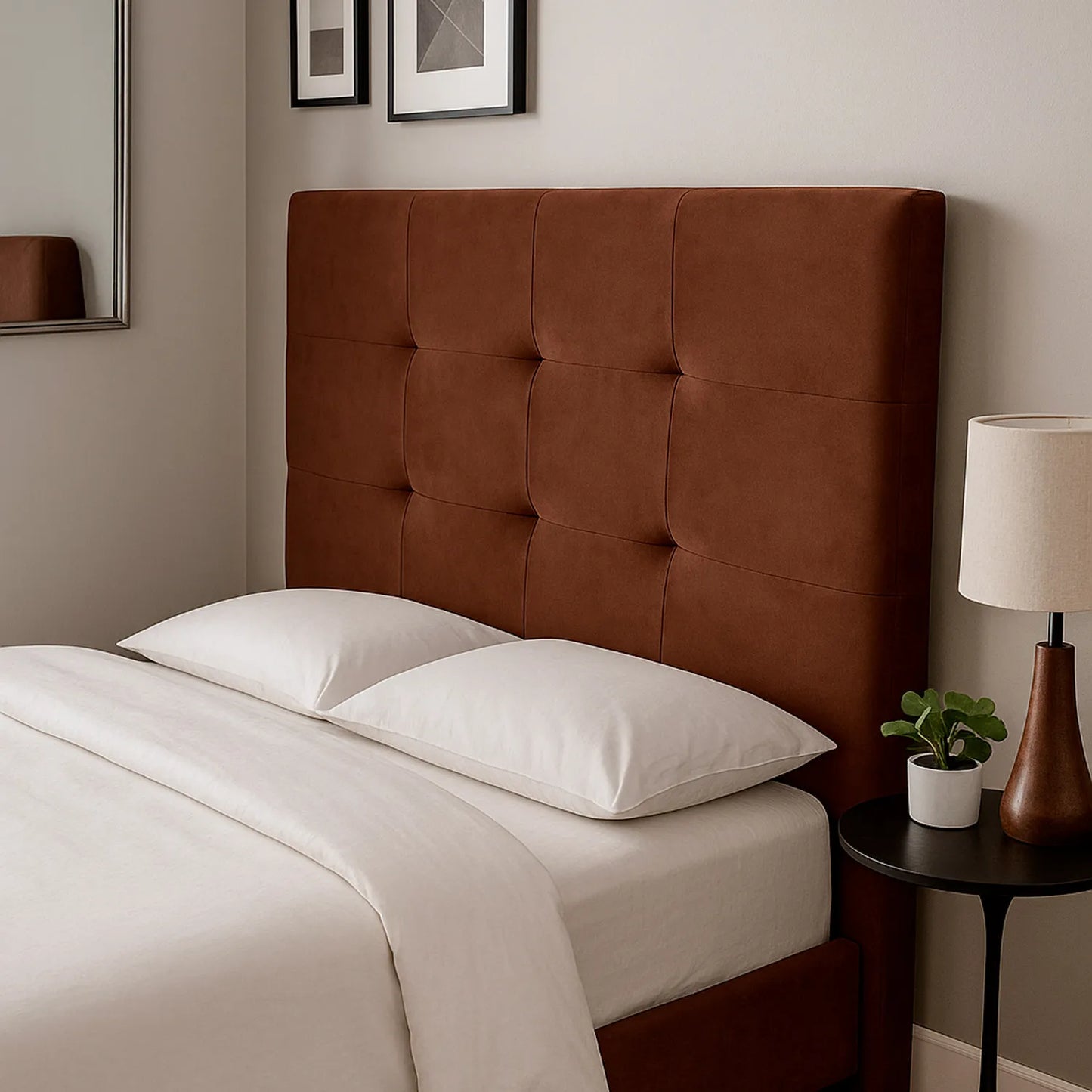 cabecero tapizado en tela color chocolate, ambientado en habitación moderna con pared clara, mesa auxiliar metálica y decoración minimalista – diseño contemporáneo ideal para hogares colombianos – All Star Muebles Colombia