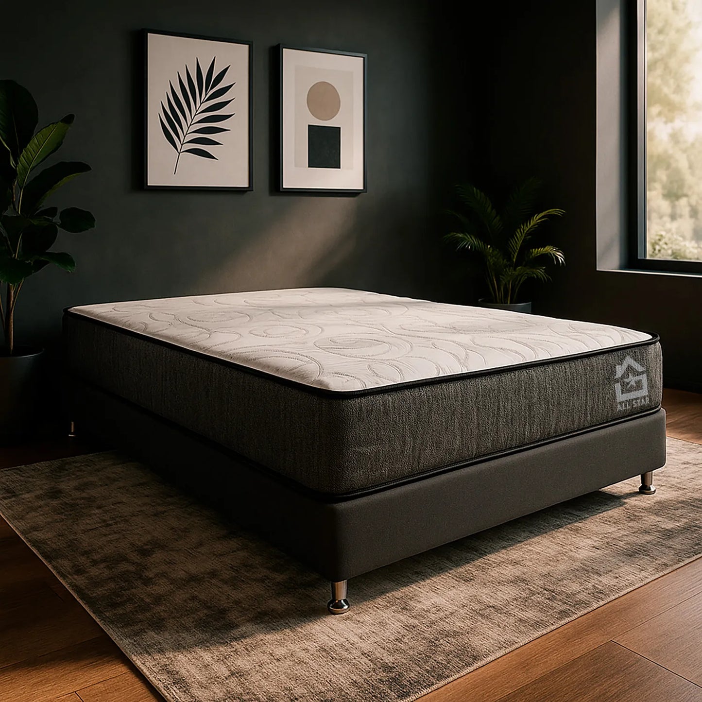 colchón semi ortopédico con costuras resistentes y capas de tejido decorativo, ambientado en habitación moderna con pared oscura, tapete beige y decoración minimalista – diseño contemporáneo ideal para hogares colombianos – All Star Muebles Colombia